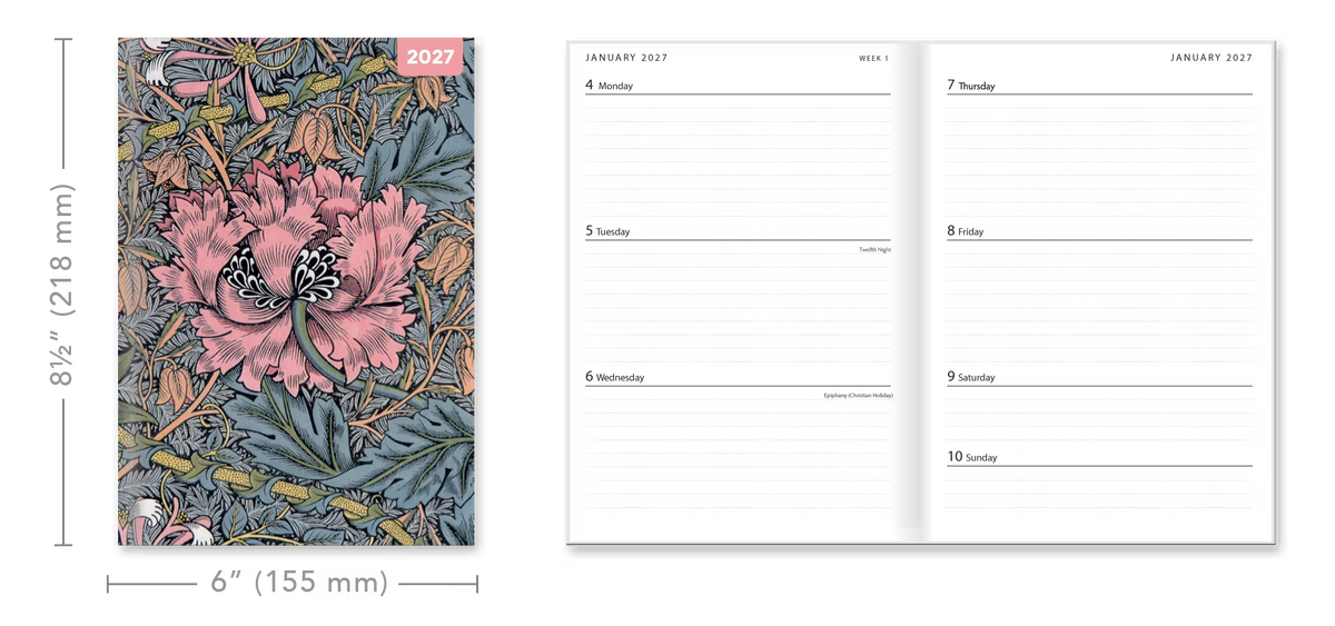 Red Robin A5 Padded 2027 Diary 218x155mm Week To View Varieties, 2027 A5 Diary