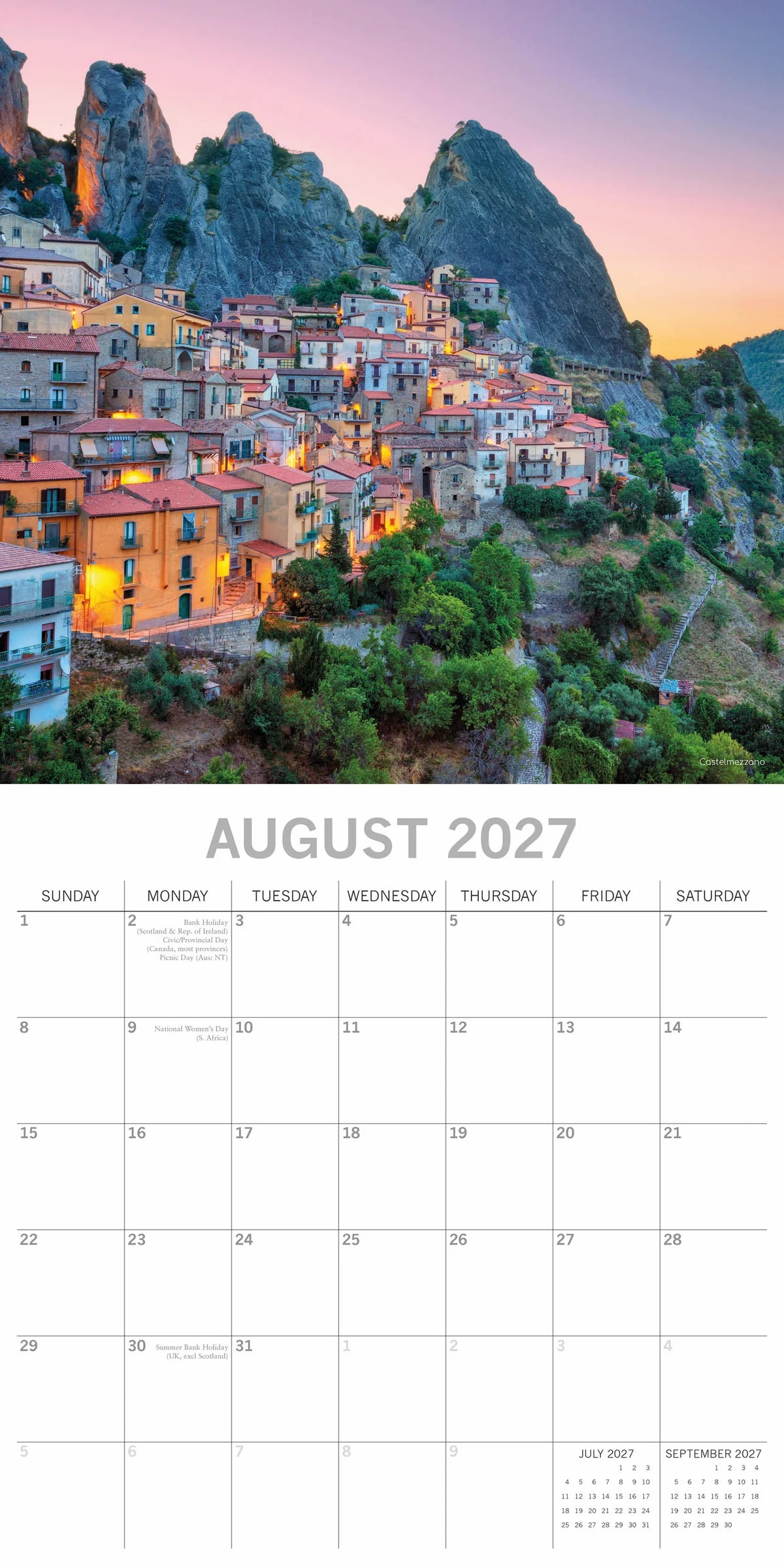 Italy 2027 Square Wall Calendar – August 2027 page featuring a hilltop village in Basilicata at dusk