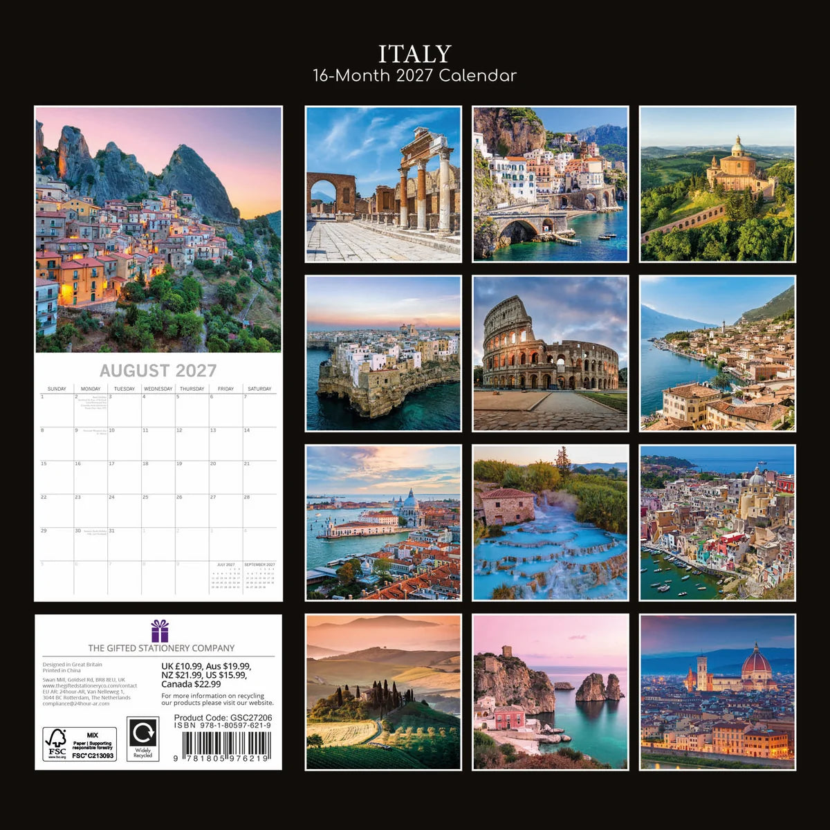 Italy 2027 Square Wall Calendar – back cover showing 12 monthly Italian landscape photography previews on black background