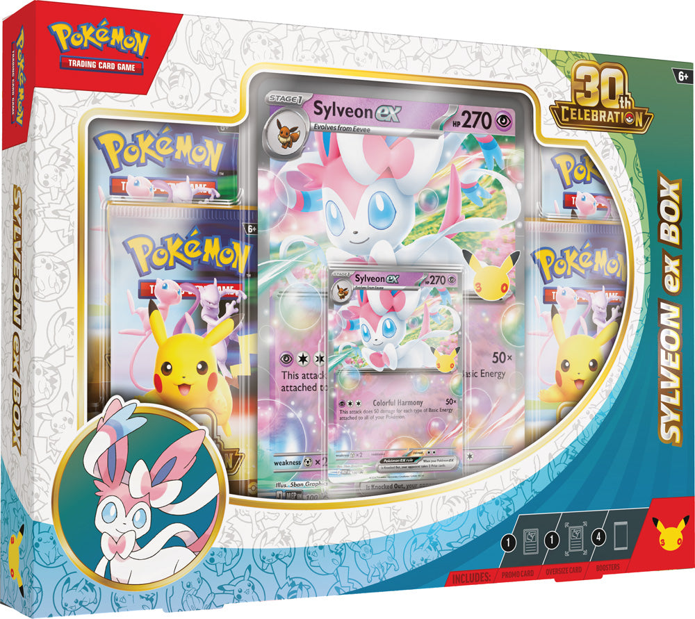 Angled view of Pokémon TCG 30th Celebration Sylveon ex Box