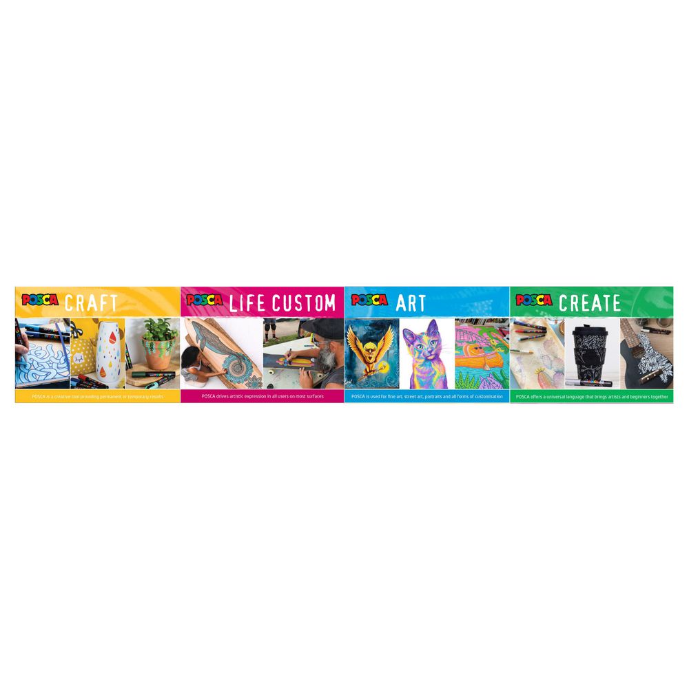 POSCA brand lifestyle banner showing Craft, Life Custom, Art, and Create use cases
