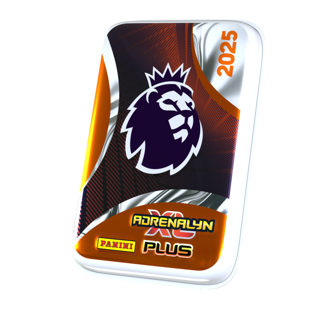 Orange and silver Panini Adrenalyn XL PLUS Premier League 2025 Pocket Tin