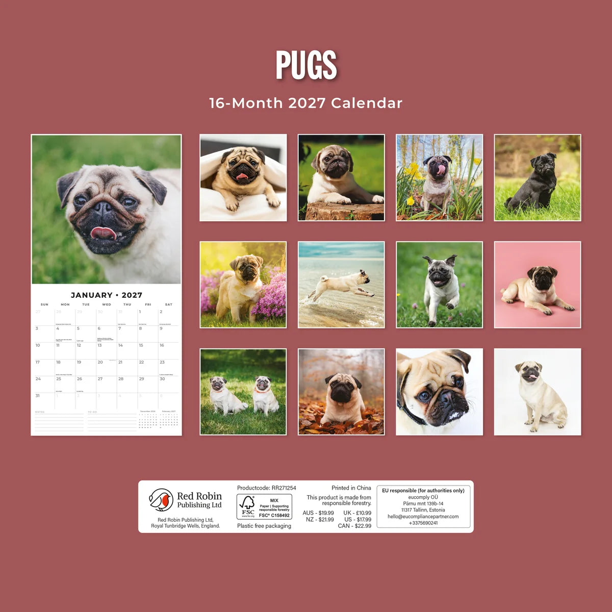 Pugs 2027 Calendar - Back cover showing all 16 monthly Pug photos on dark rose background, product code RR271254, AUS $19.99