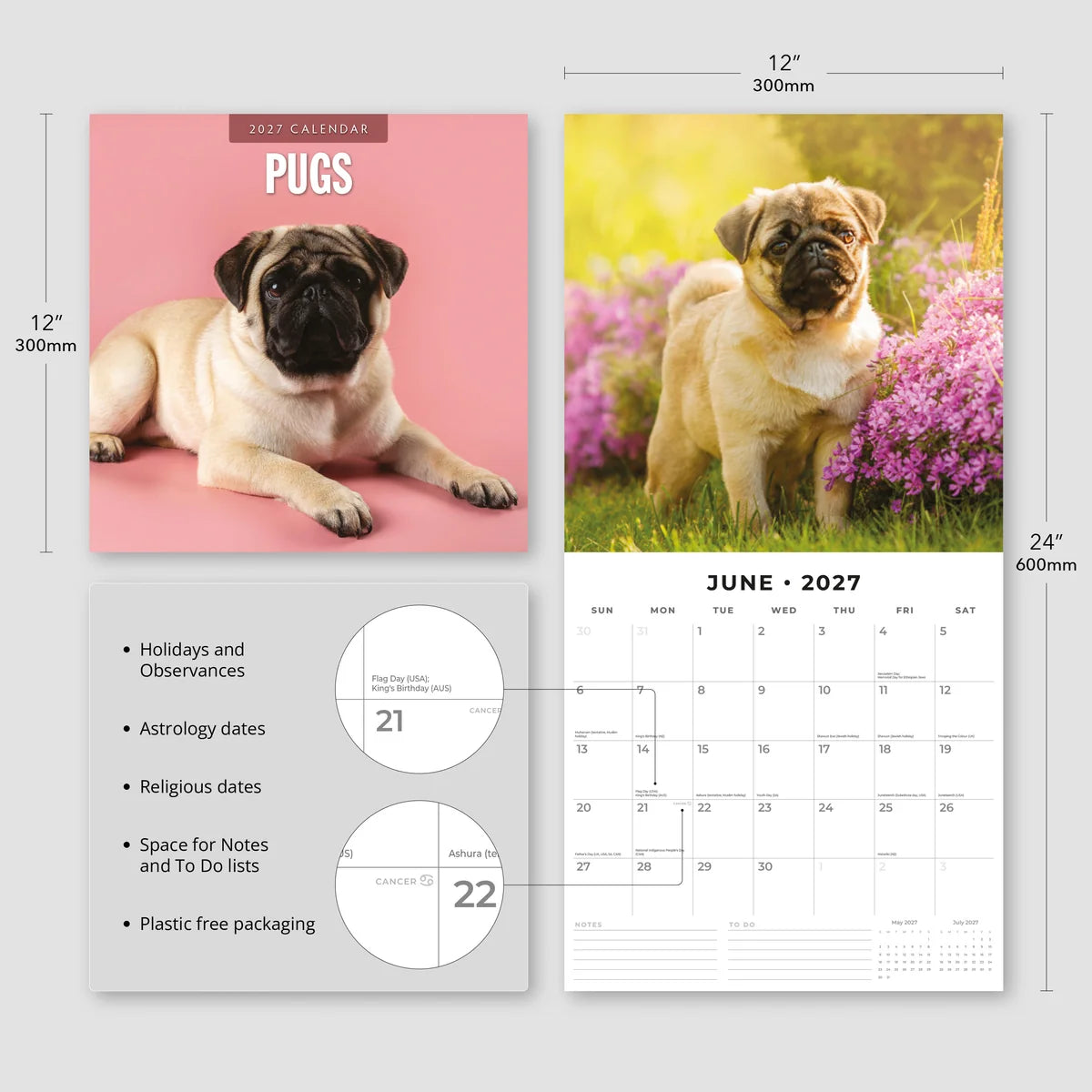 Pugs 2027 Calendar - Size specifications showing 30x30cm closed and 30x60cm open with feature highlights including holidays, astrology dates and notes space