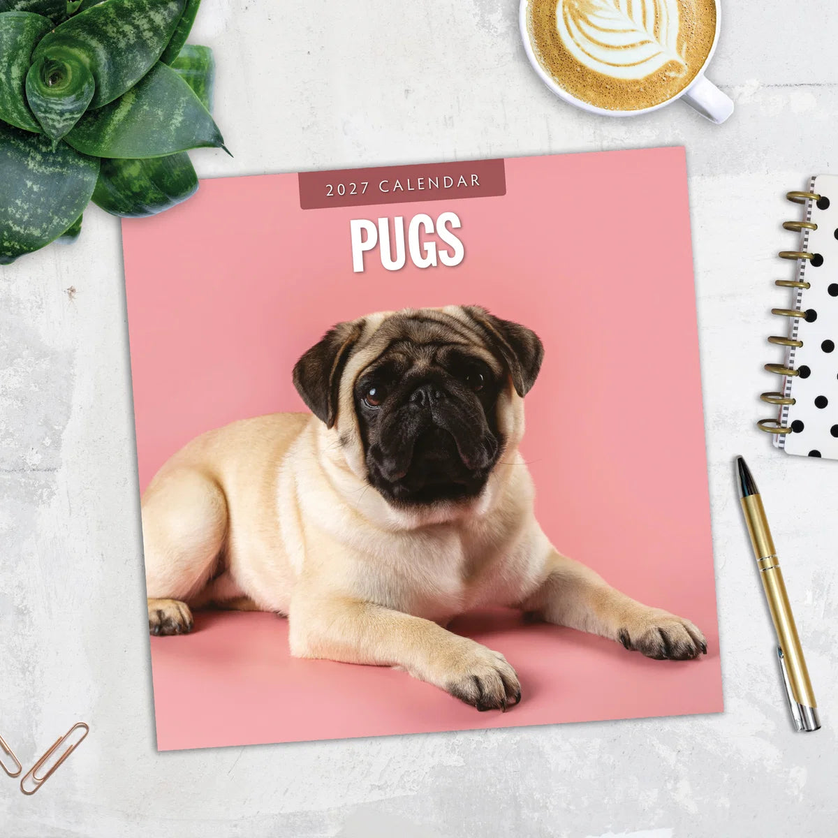 Pugs 2027 Square Wall Calendar - Lifestyle flat lay with coffee, succulent and stationery on marble surface