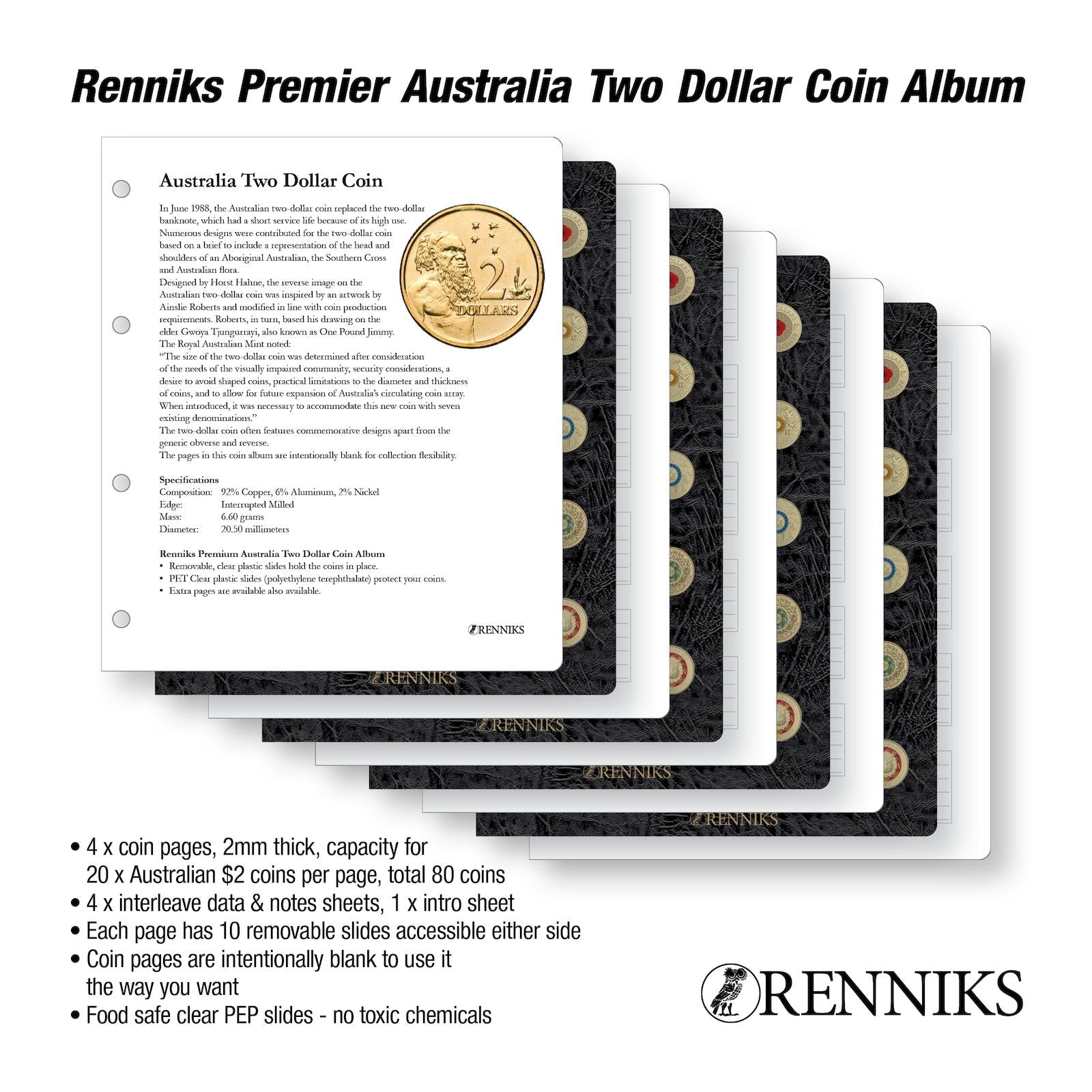 Renniks Premier Australia $2 Coin Album – Dedicated Storage for Two Dollar Coins (RPA2D)