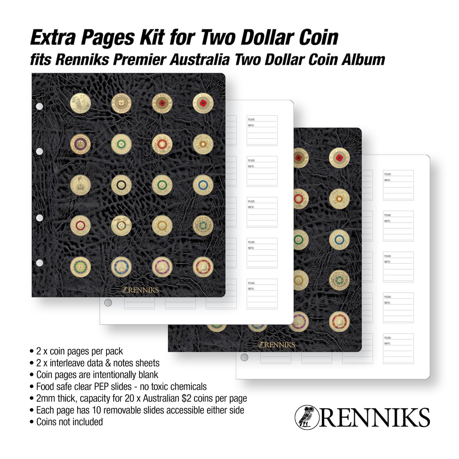 Renniks Premier $2 Coin Album Extra Pages Kit (RPAX2D) – Refill Pack for Two Dollar Album