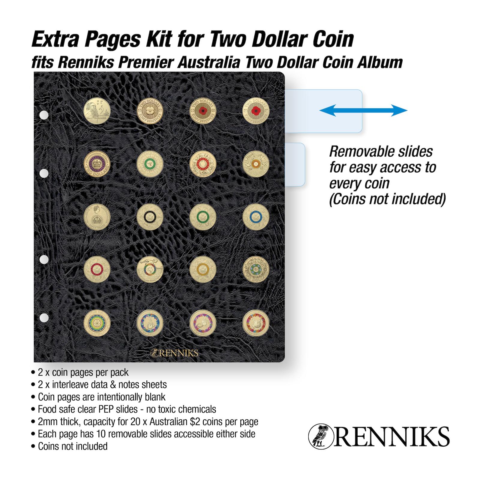Renniks Premier $2 Coin Album Extra Pages Kit (RPAX2D) – Refill Pack for Two Dollar Album