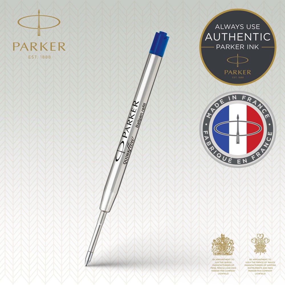 Parker Quinkflow Ballpoint Pen Refill Blue Medium - ballpoint pen tip writing cursive script in blue ink with ISO 12757.2 document proof certification badge