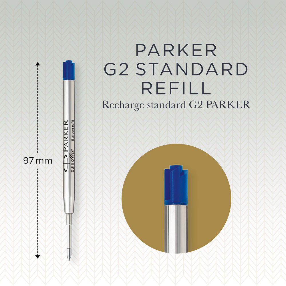 Parker Quinkflow Ballpoint Pen Refill Blue Medium - lifestyle image of Parker Jotter pen signing a document in blue Quinkflow ink with 'Beautifully Pigmented Ink' headline