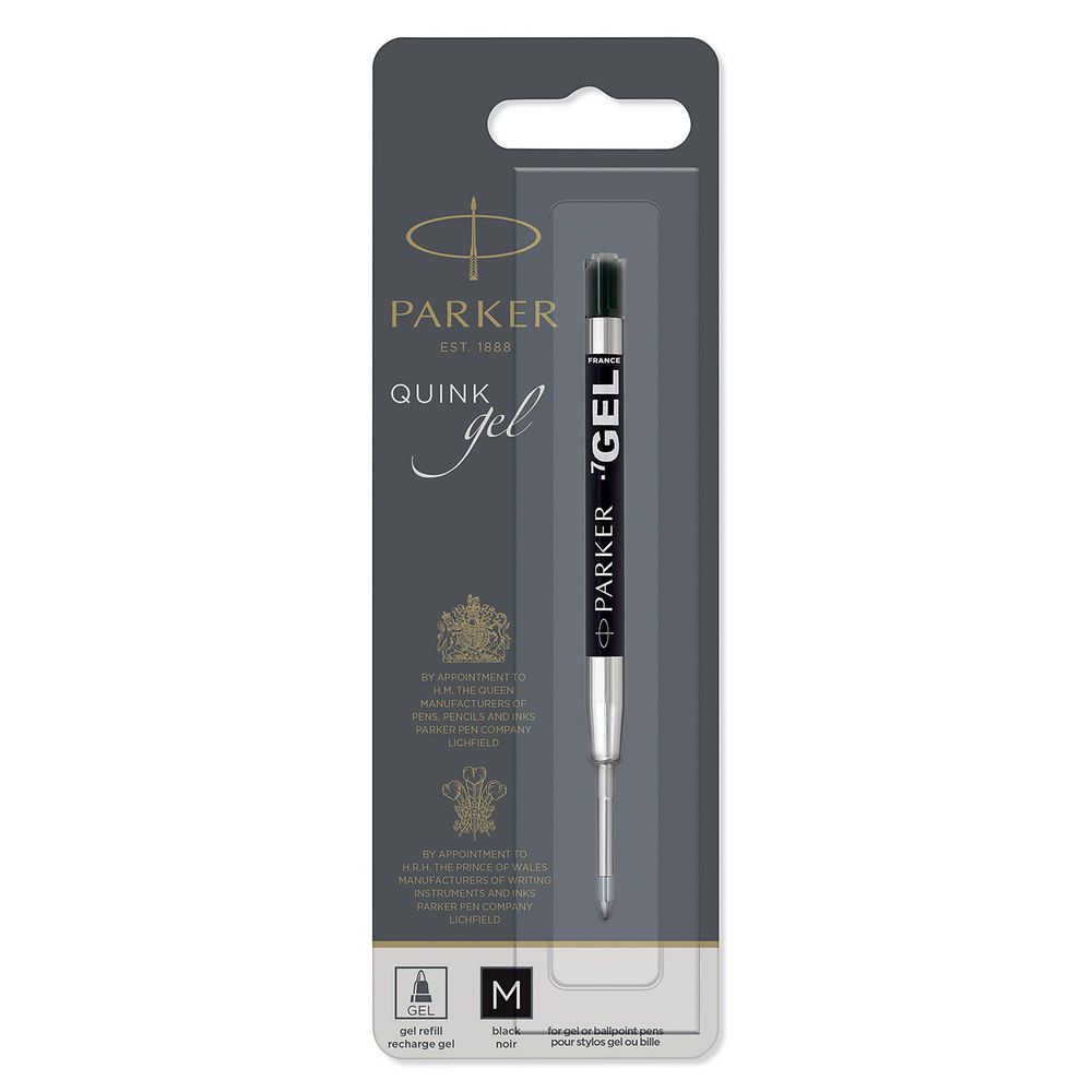 Parker Quink Gel Pen Refill Black Medium - retail blister card packaging showing Parker Quink Gel branding, Royal Warrant crests, medium tip and black ink designation, made in France