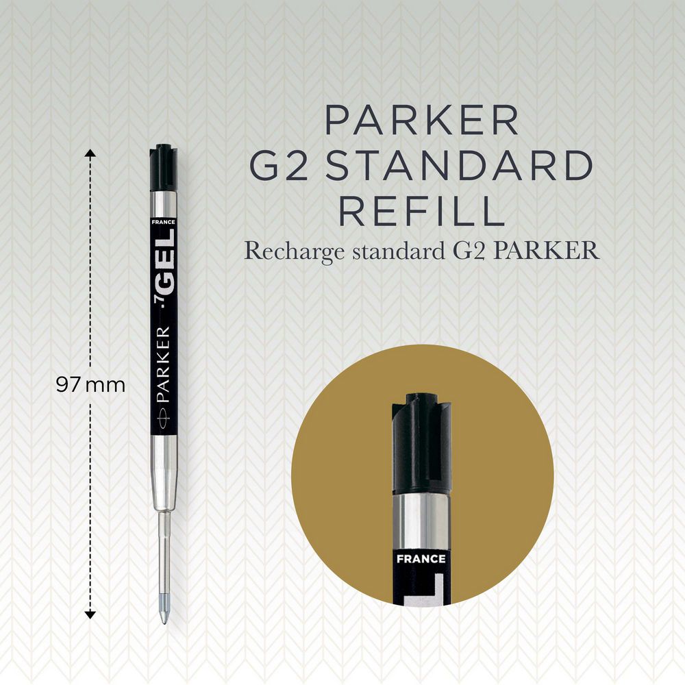 Parker Quink Gel Pen Refill Black Medium - G2 Standard specification graphic showing 97mm length measurement with France origin badge close-up
