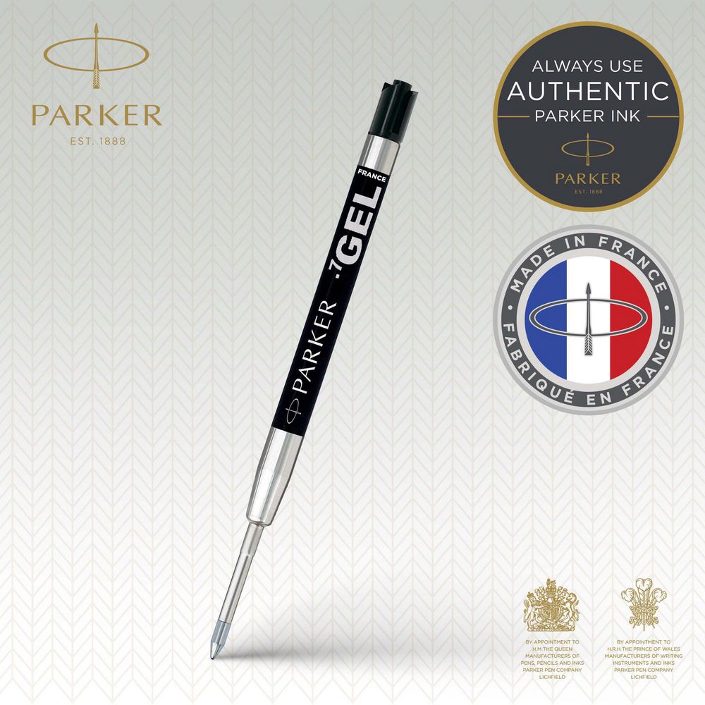 Parker Quink Gel Pen Refill Black Medium - lifestyle product shot with Always Use Authentic Parker Ink badge and Made in France / Fabriqué en France certification seal with Royal Warrant crests