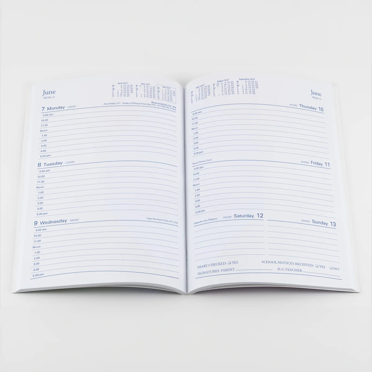 Open Collins Colplan 2027 student diary showing the A5 week-to-view school planning layout