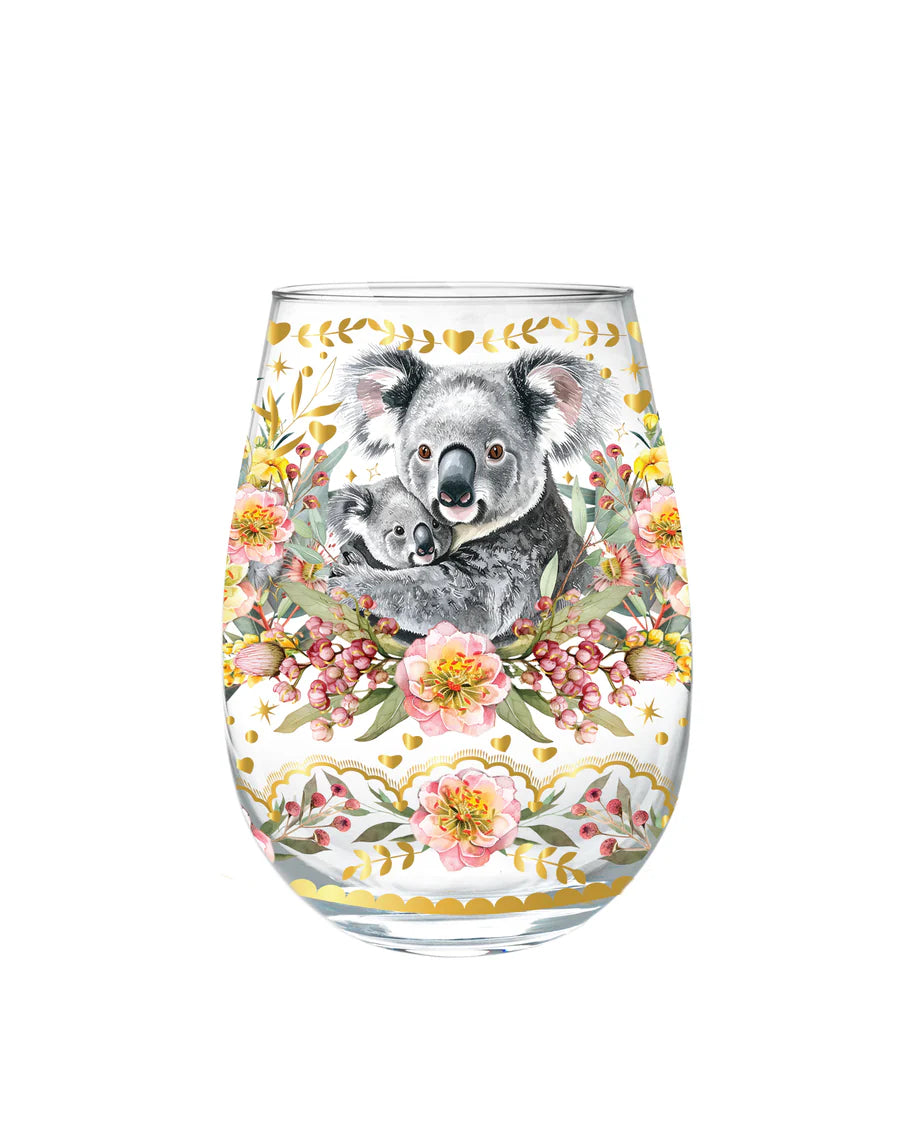 Lisa Pollock Golden Glamour Stemless Glass – Koala Cuddles – Art from the Heart Gift for Her