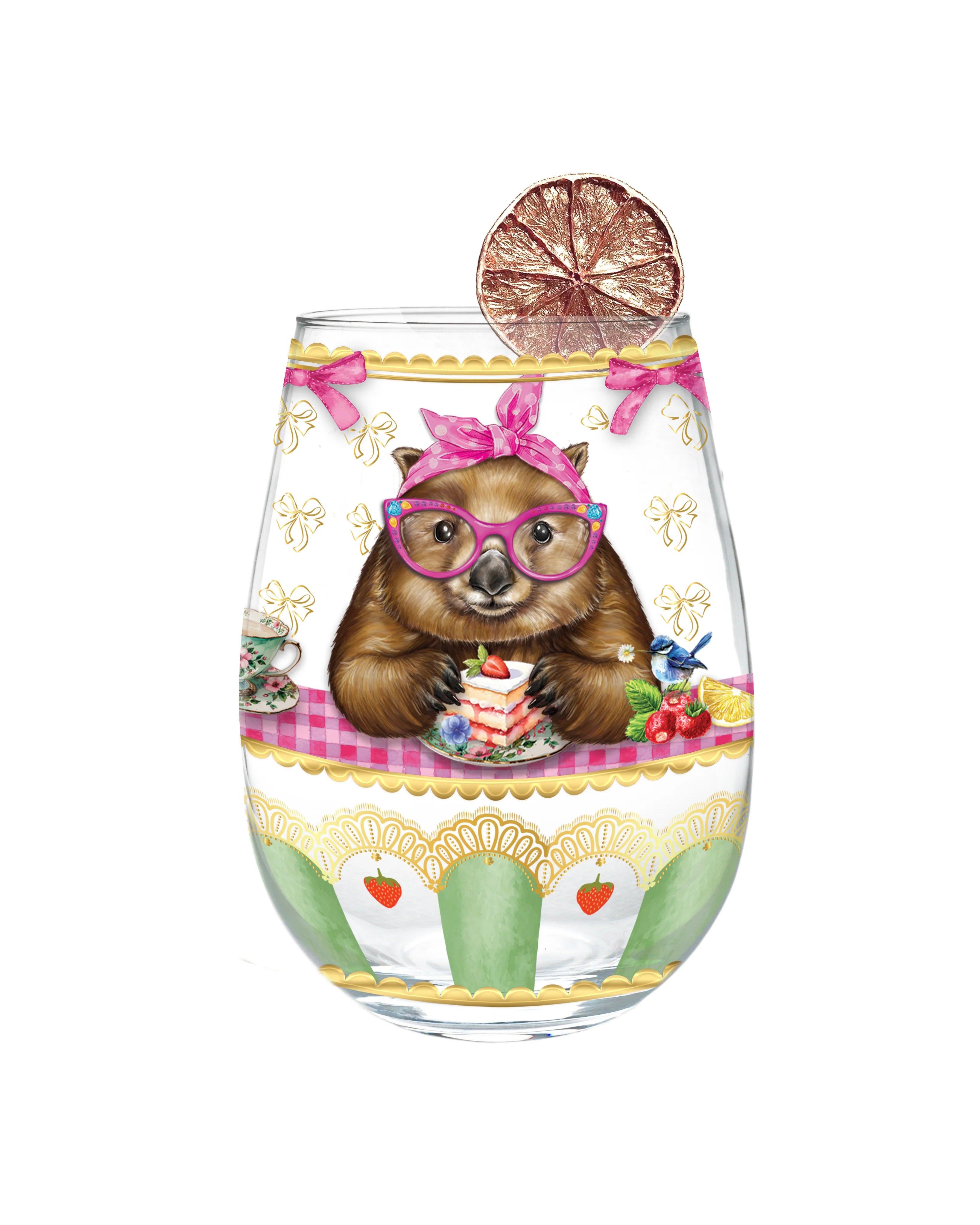 Lisa Pollock Golden Glamour Stemless Glass – Wonda Wombat – Art from the Heart Gift for Her