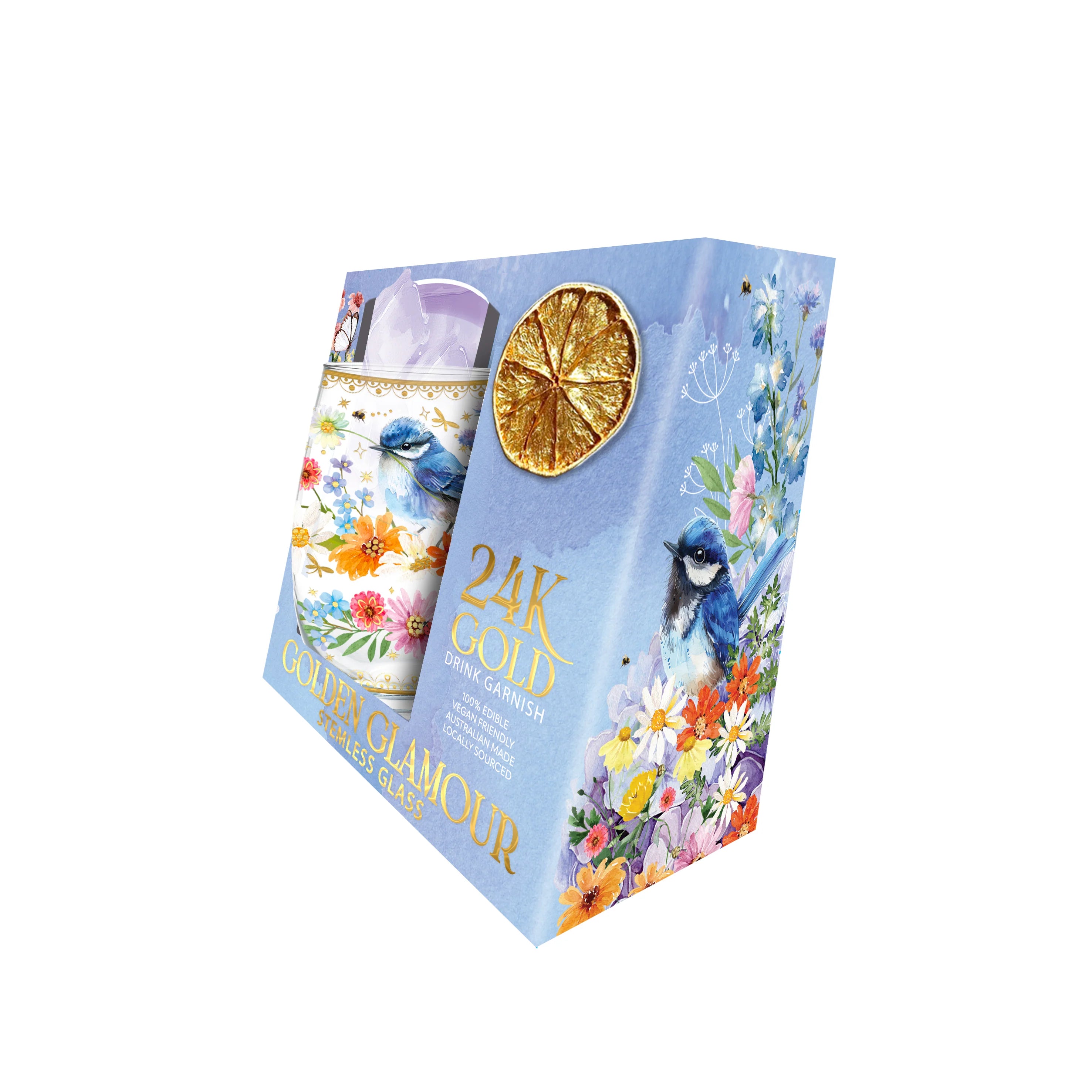 Lisa Pollock Golden Glamour Stemless Glass – Floral Wren – Art from the Heart Gift for Her