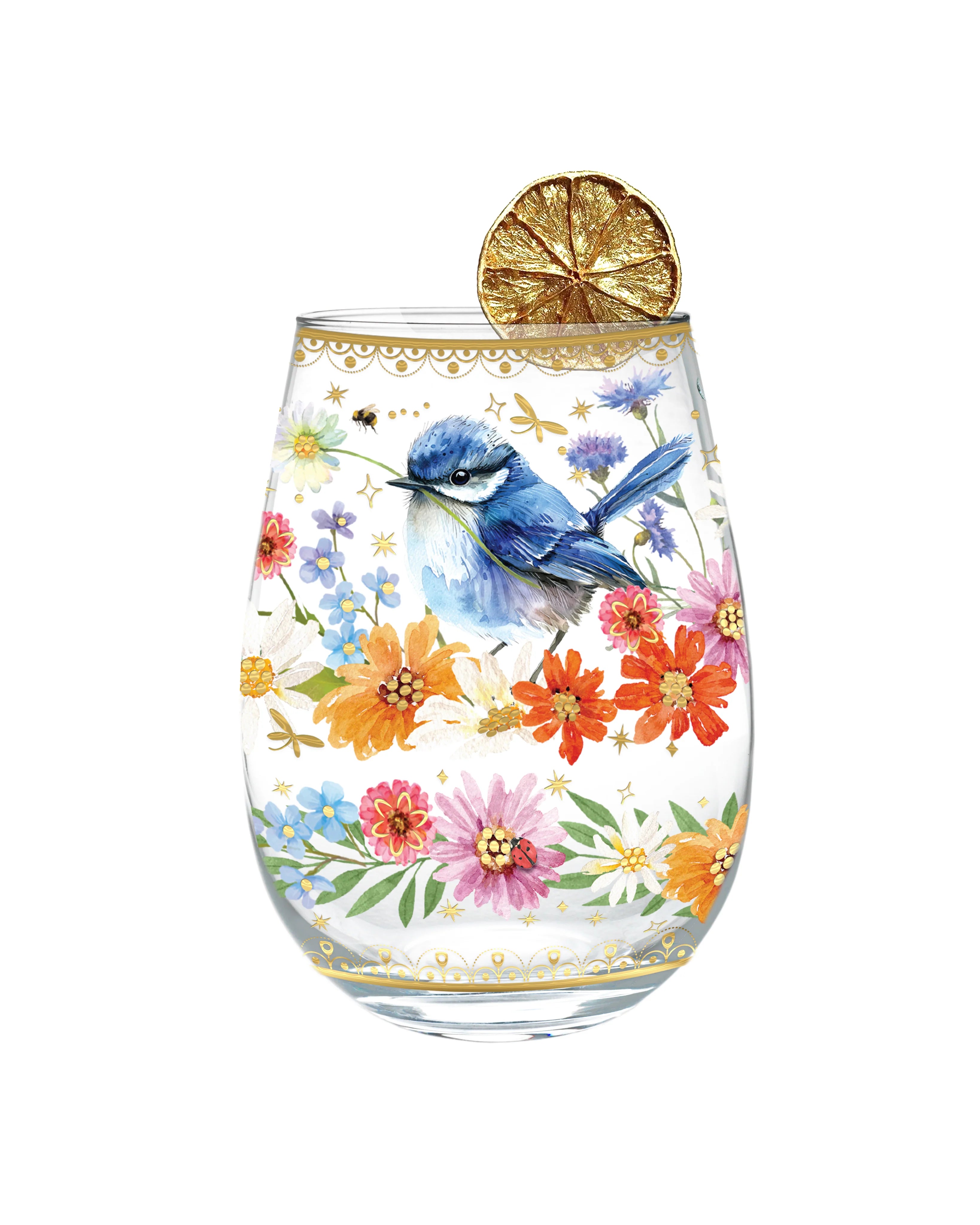 Lisa Pollock Golden Glamour Stemless Glass – Floral Wren – Art from the Heart Gift for Her