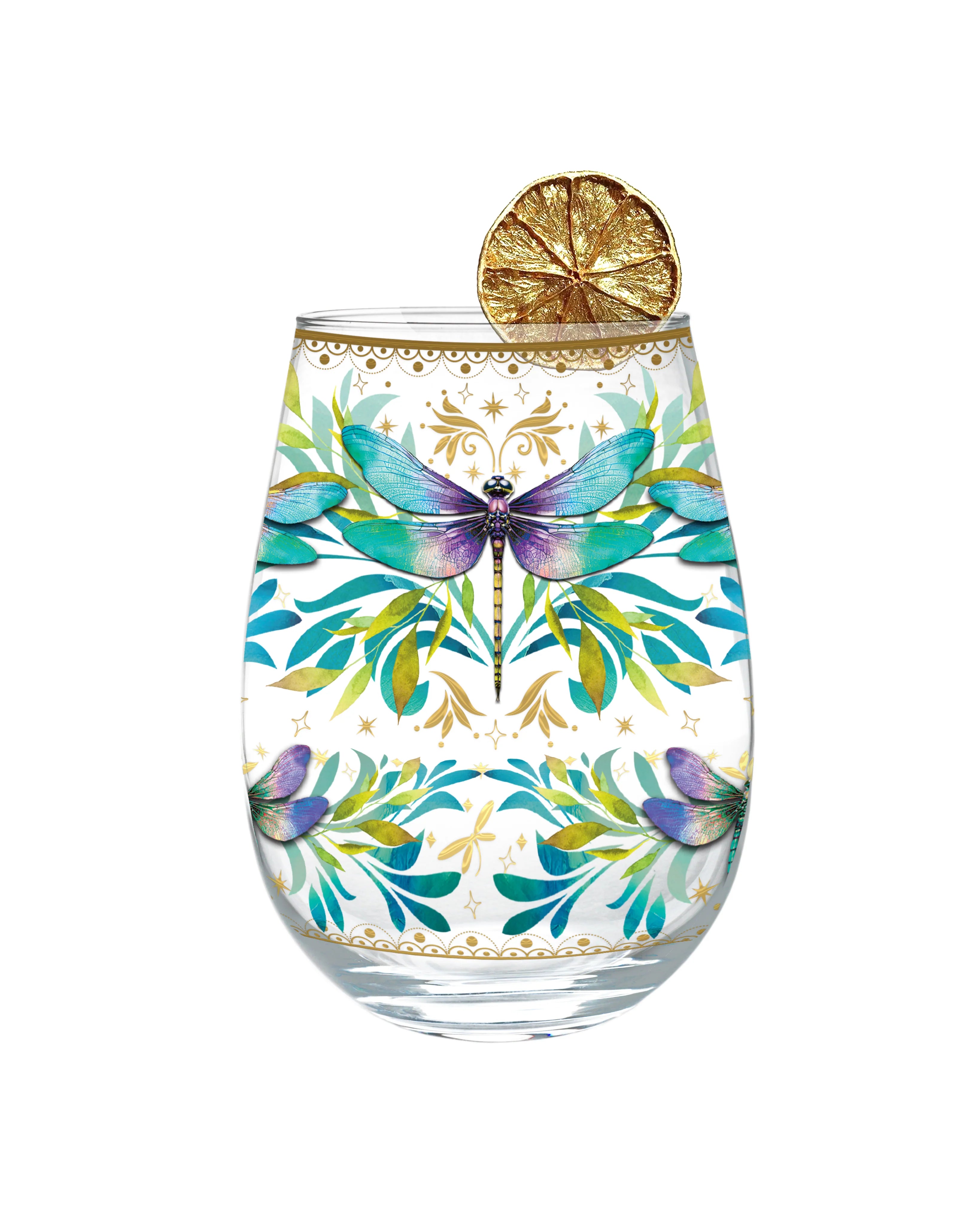 Lisa Pollock Golden Glamour Stemless Glass – Turquoise Dragonfly – Art from the Heart Gift for Her