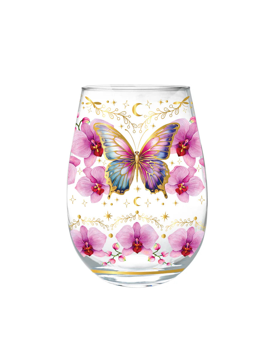 Lisa Pollock Golden Glamour Stemless Glass – Butterfly Orchids – Art from the Heart Gift for Her
