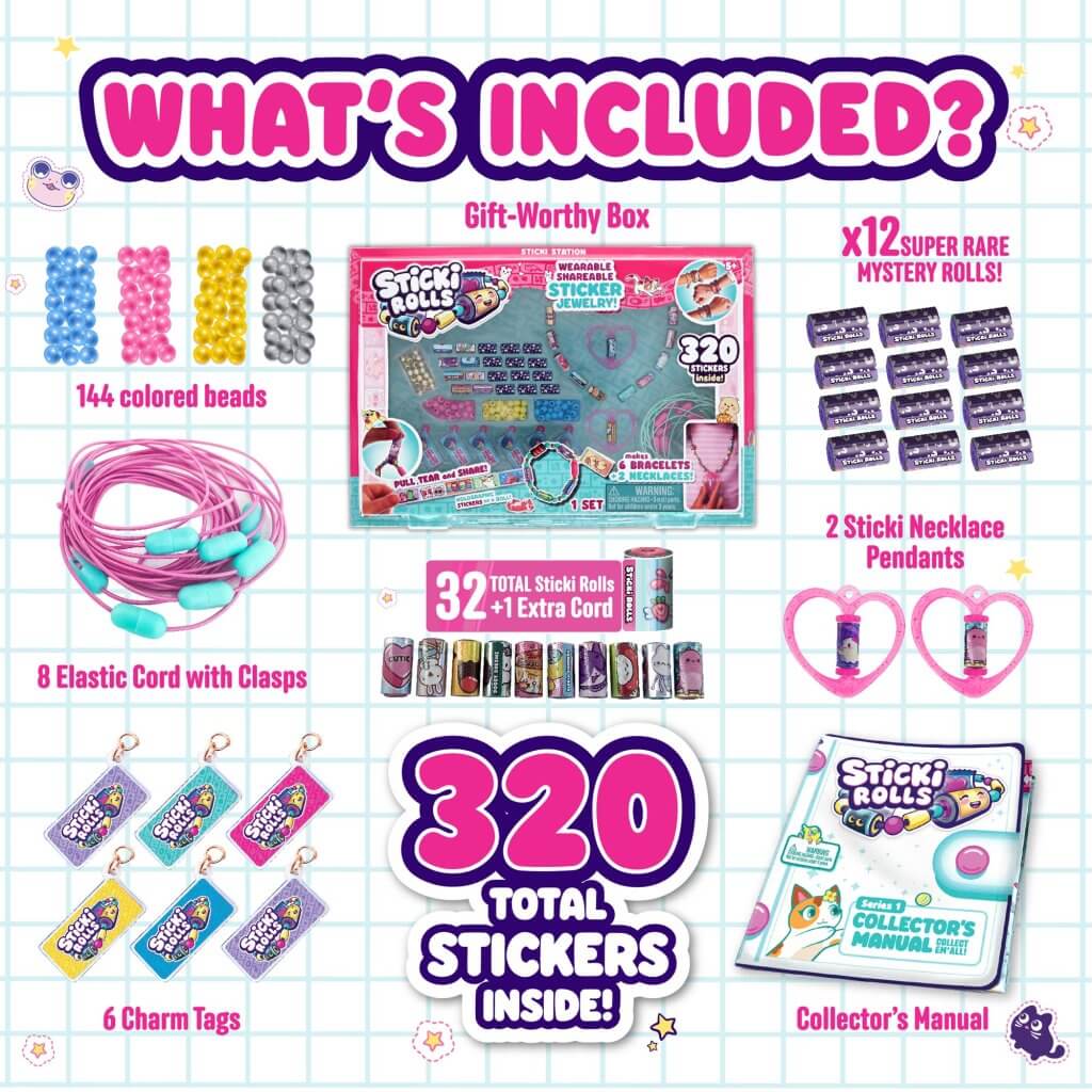 Sticki Rolls Sticki Station, 320 Kawaii-themed Stickers, 144 colorful beads, 2 necklace pendants