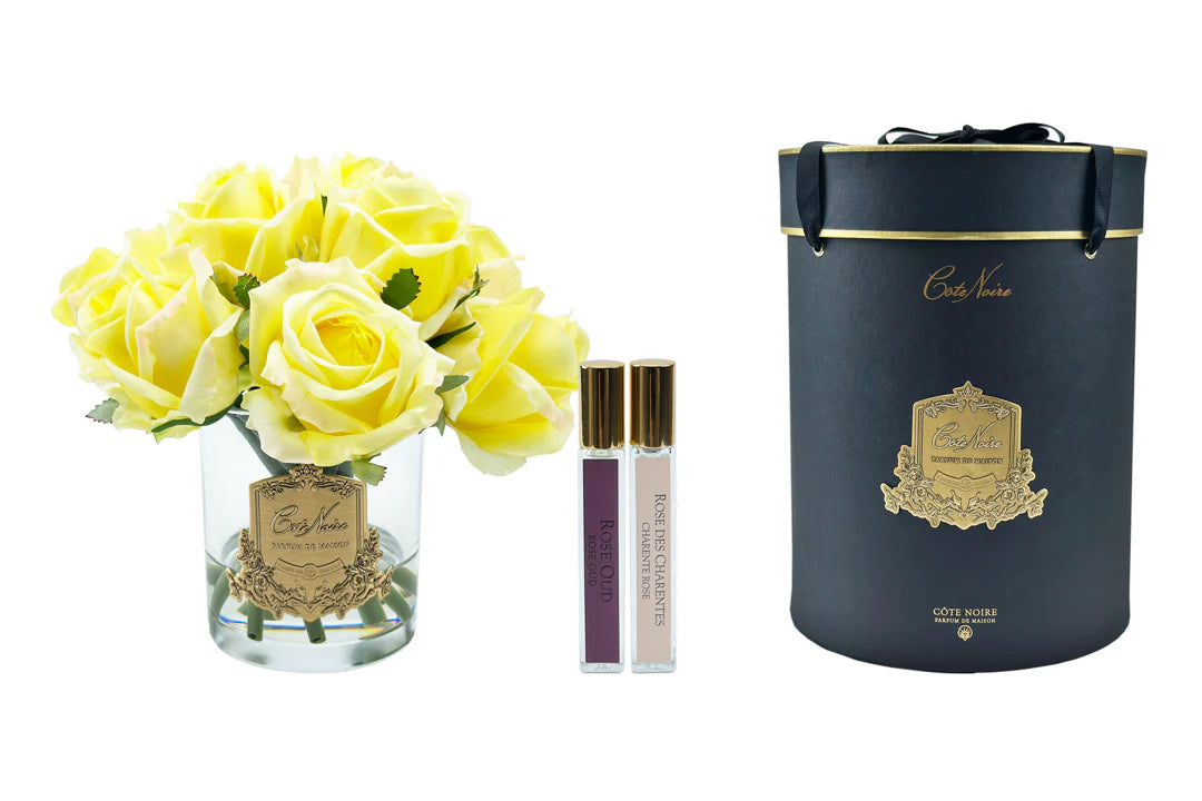 Cote Noire Premium Rose Bud Bouquet - Yellow - Clear - Gold Badge - GRB08