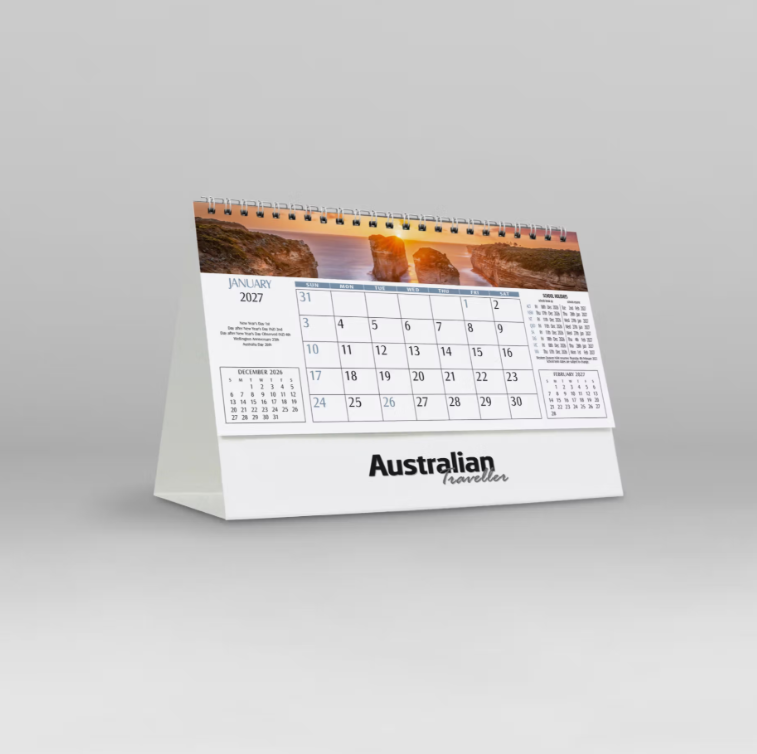 2027 Australian Traveller Desk Calendar - March Melbourne skyline front view
