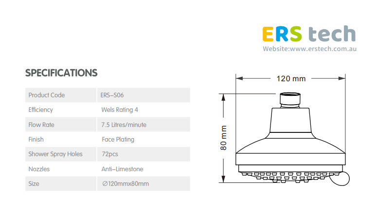 Manufacturer ERS-S06 shower head specification sheet and dimension diagram