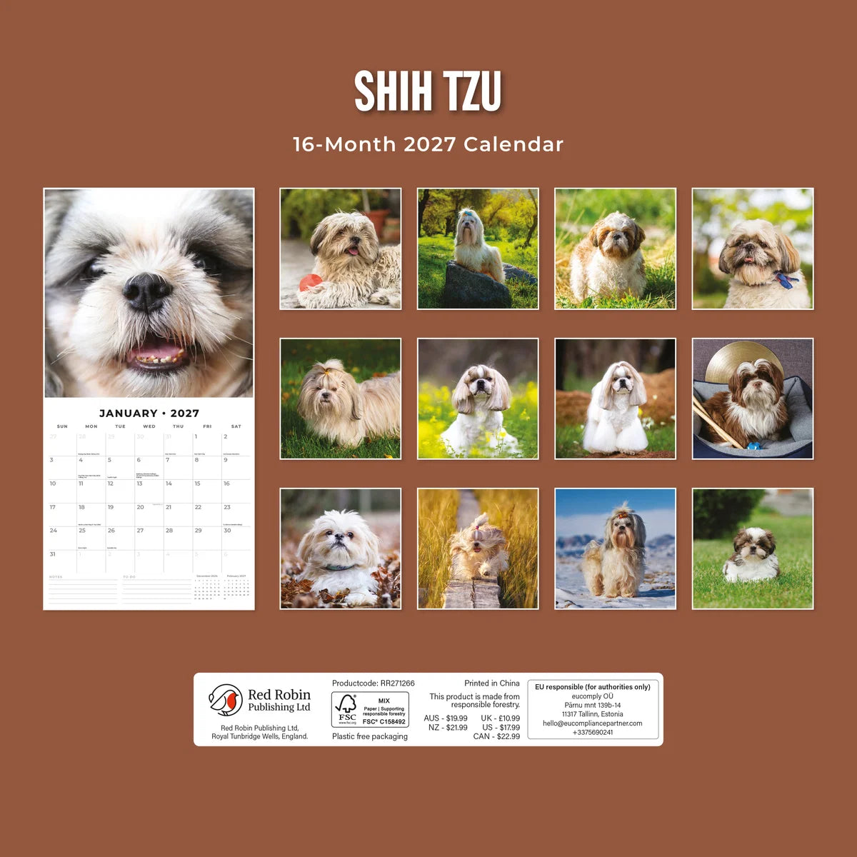 Shih Tzu 2027 Calendar - Back cover showing all 16 monthly Shih Tzu photos on warm brown background, product code RR271266, AUS $19.99