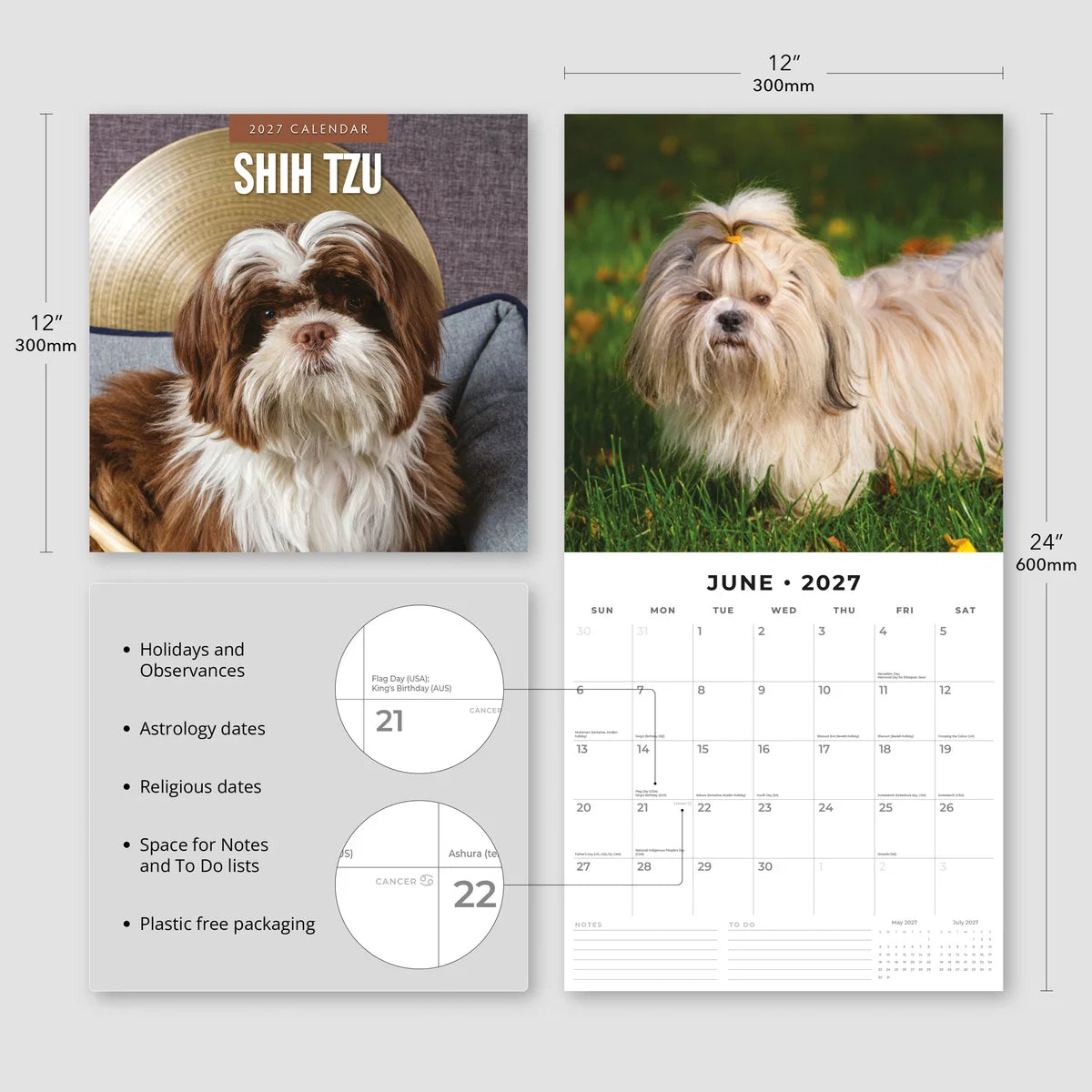 Shih Tzu 2027 Calendar - Size specifications showing 30x30cm closed and 30x60cm open with feature highlights including holidays, astrology dates and notes space