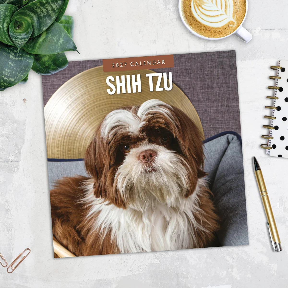 Shih Tzu 2027 Square Wall Calendar - Lifestyle flat lay with coffee, succulent and stationery on marble surface