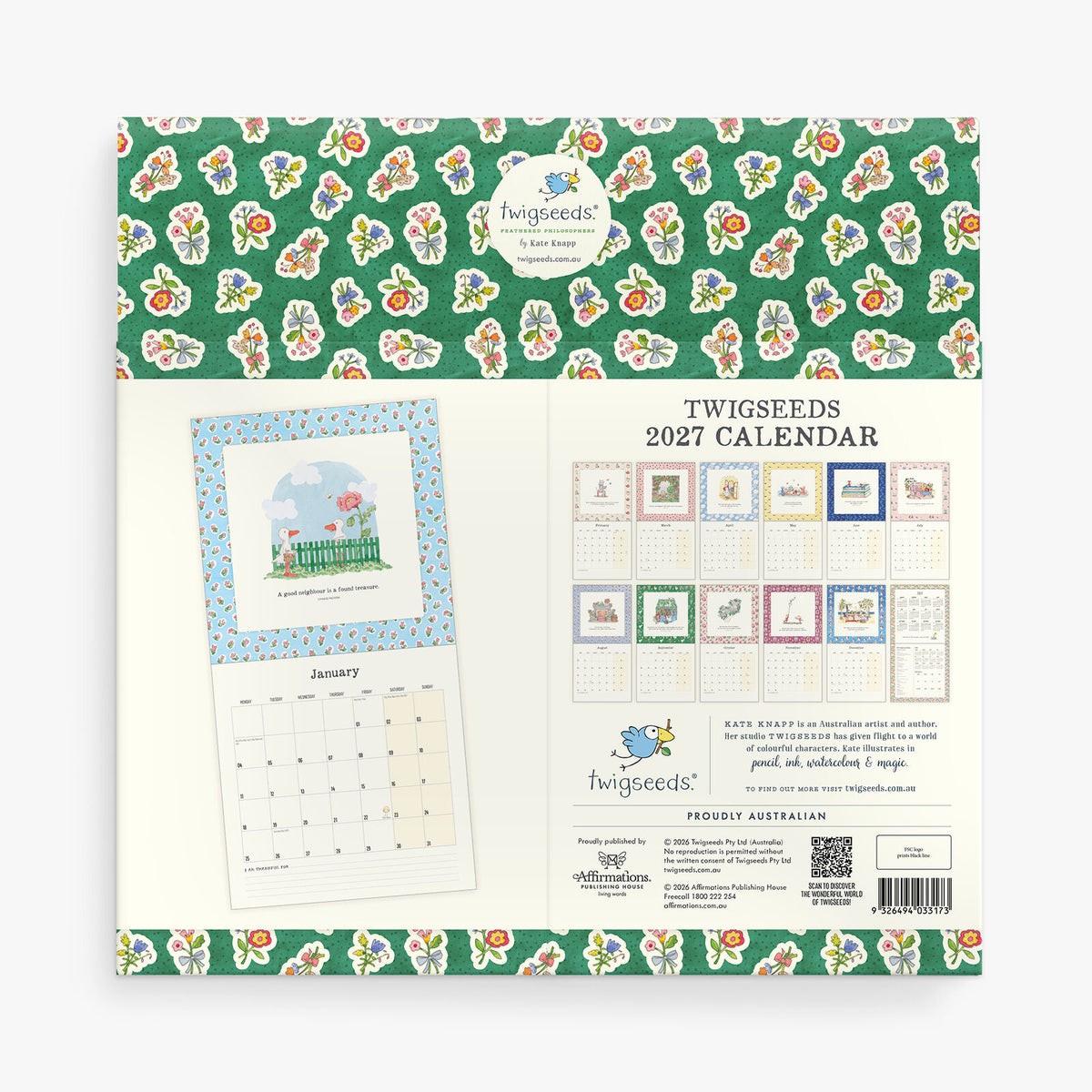 2027 Twigseeds Wall Calendar, Twigseeds 2027 Wall Calendar. 300 x 300 mm. 28 pages. Soft cover with belly-band. Monthly layouts, important dates and year at a glance.