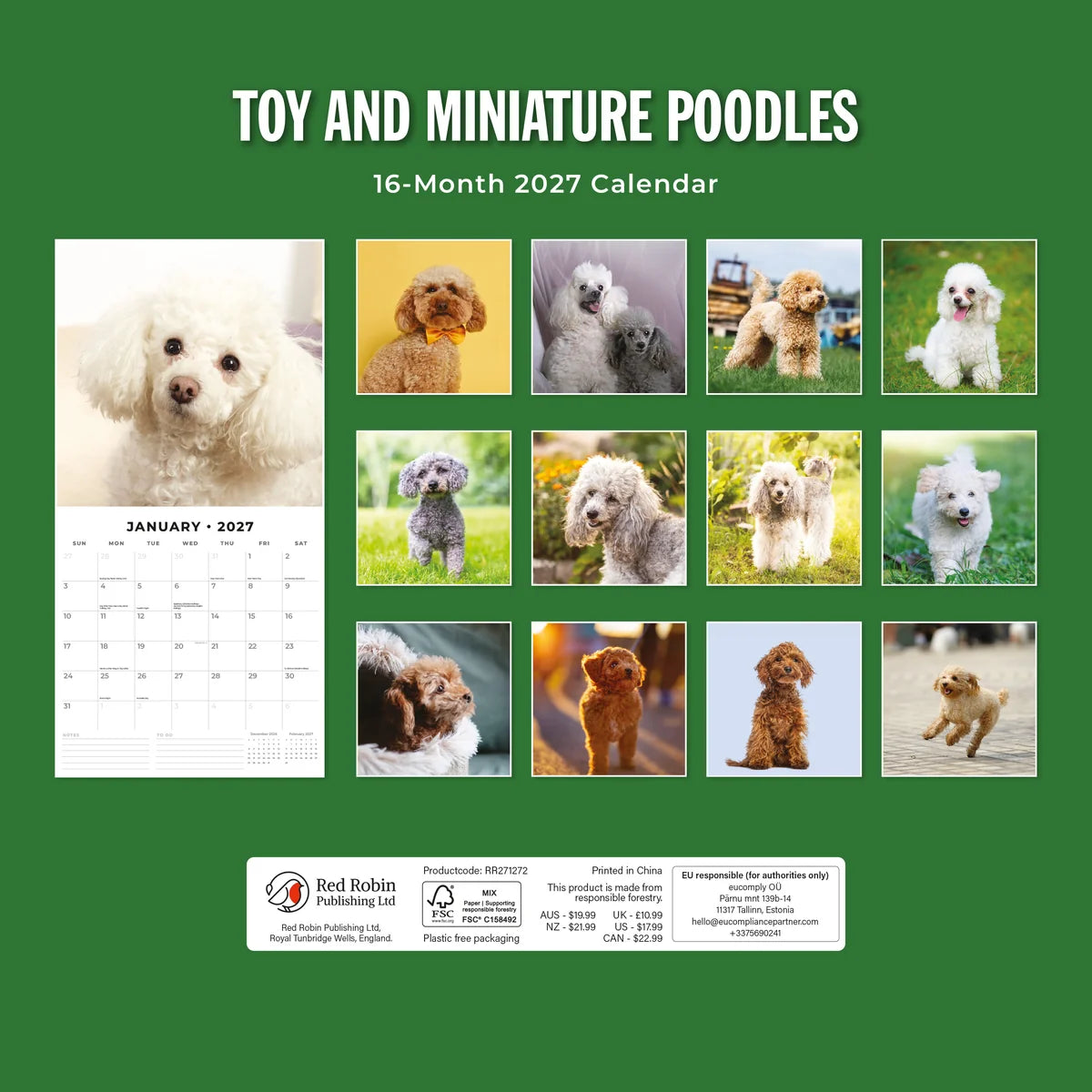 Toy and Miniature Poodles 2027 Calendar - Back cover showing all 16 monthly Poodle photos on forest green background, product code RR271272, AUS $19.99