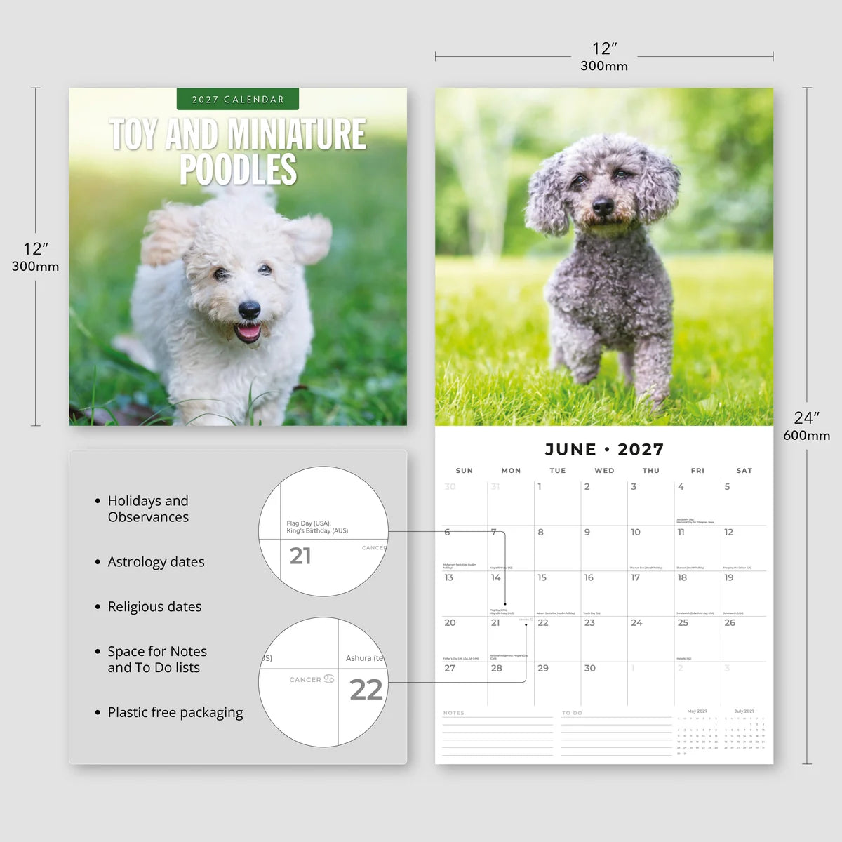 Toy and Miniature Poodles 2027 Calendar - Size specifications showing 30x30cm closed and 30x60cm open with feature highlights including holidays, astrology dates and notes space