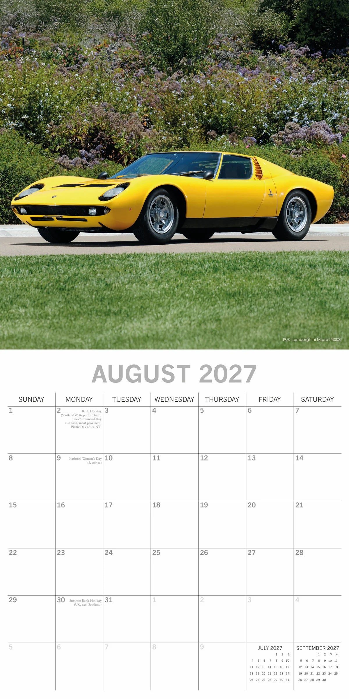 Classic Cars 2027 Square Wall Calendar - August 2027 month page featuring a yellow 1970 Lamborghini Miura P400S on a garden road