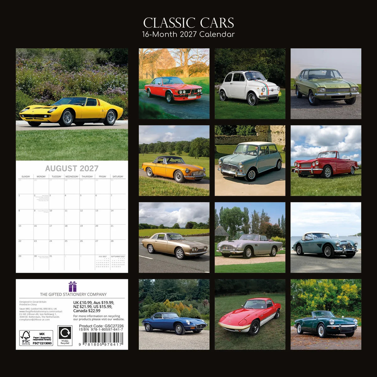 Classic Cars 2027 Square Wall Calendar - Back cover showing 16-month thumbnail grid of classic car photography including Lamborghini, BMW, Fiat 500, Mini and Aston Martin
