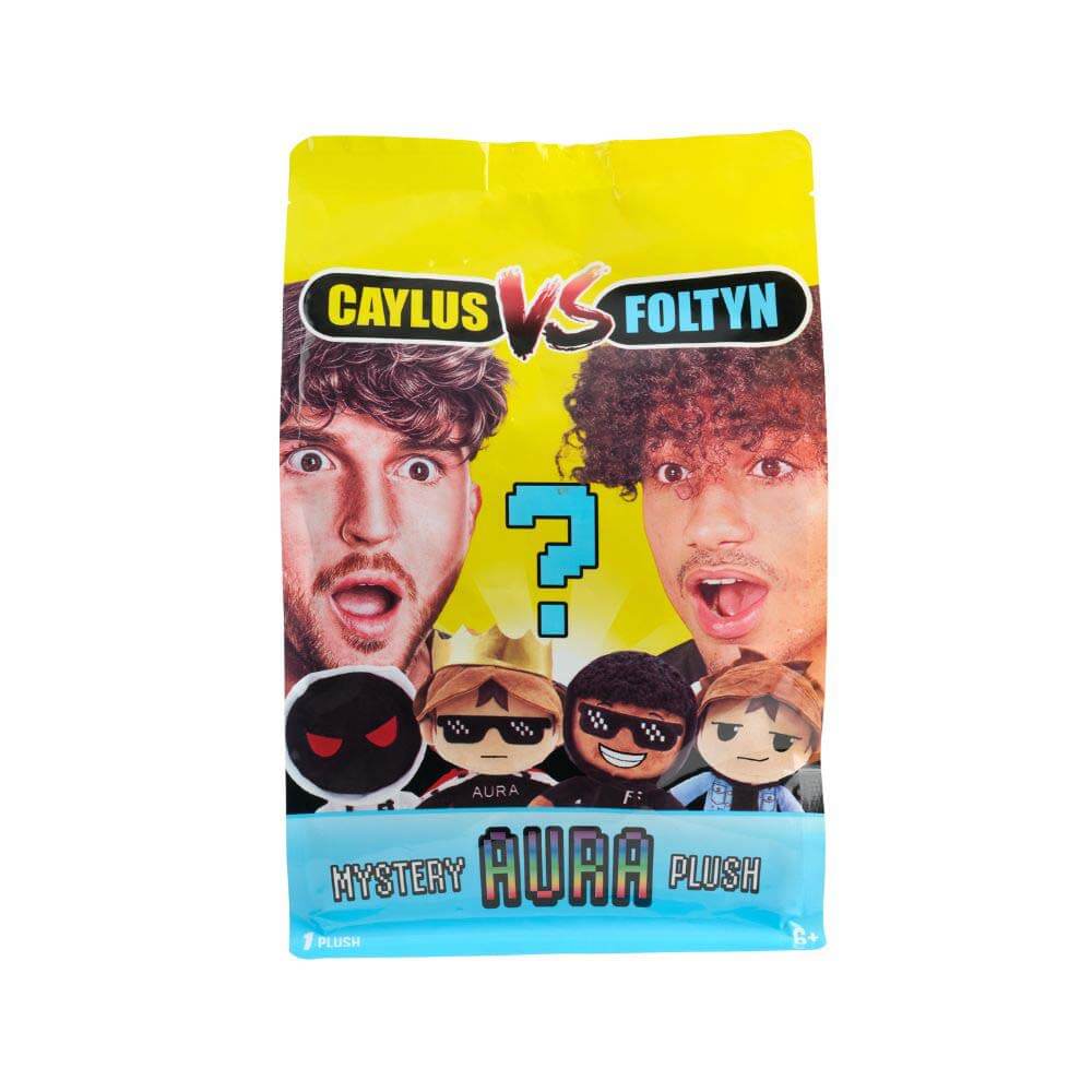 Content creator holding Caylus vs Foltyn mystery plush blind bag
