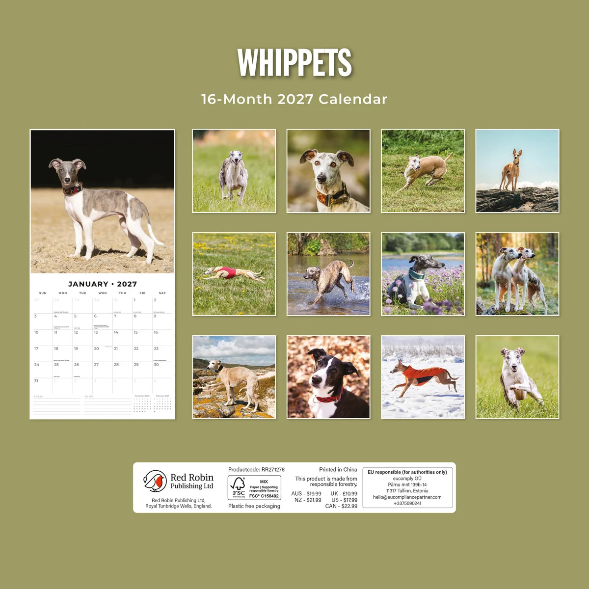 Whippets 2027 Calendar - Back cover showing all 16 monthly Whippet photos on olive green background, product code RR271278, AUS $19.99