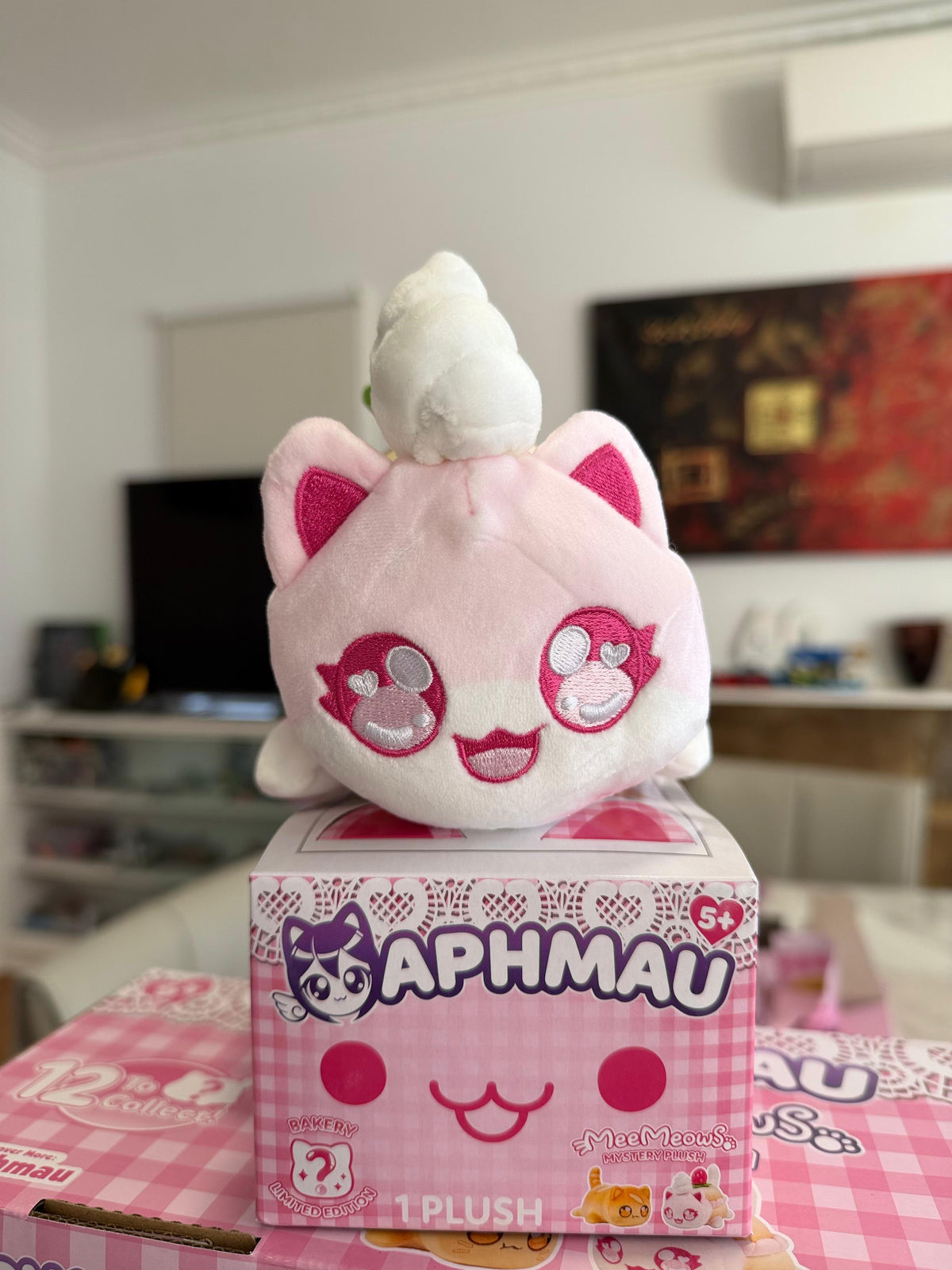 Aphmau MeeMeow Cheesepuff Plush sitting on top of Aphmau Bakery Collection gift box