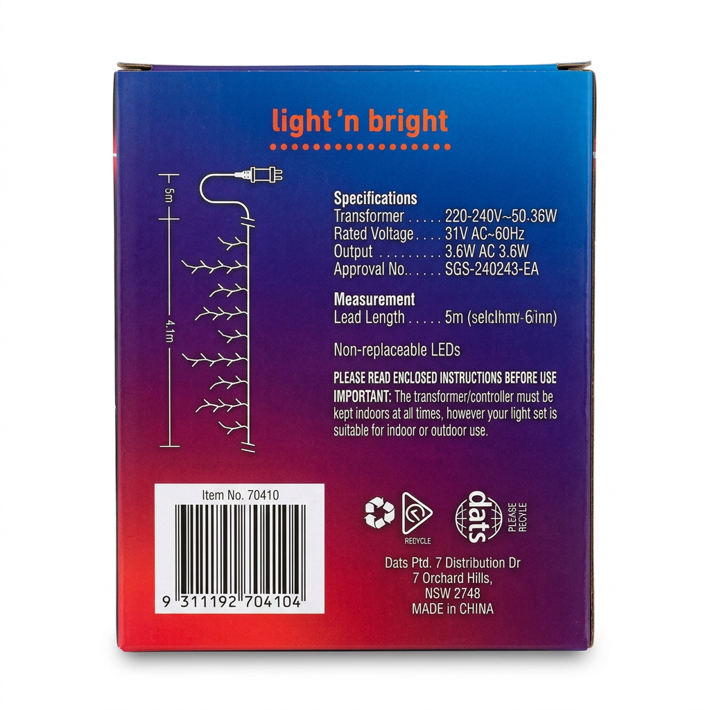 Icicle lights box back on white background