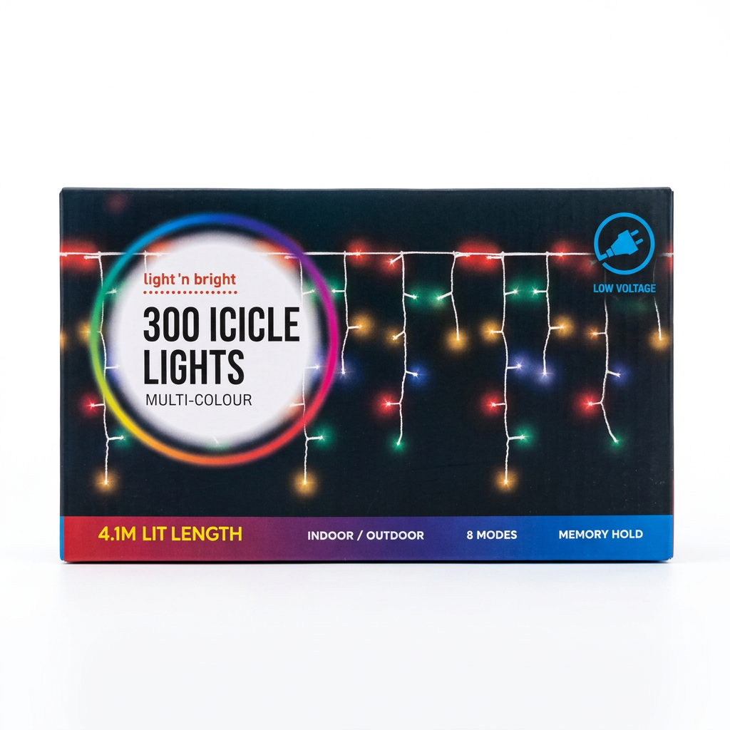 Icicle lights box front on white background