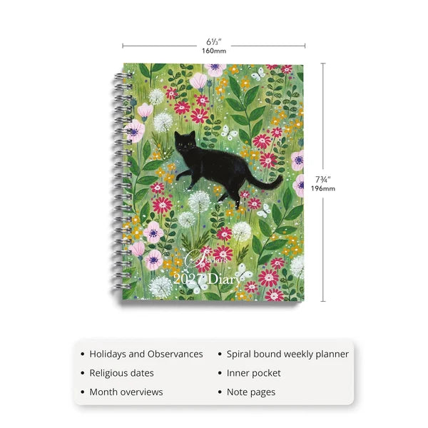 Skylark Cat's Garden 2027 A5 Spiral Diary dimensions and feature list including holidays, observances and inner pocket