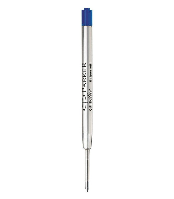 Parker Quinkflow Ballpoint Pen Refill Blue Medium - close-up of blue tip end of refill showing Parker Quinkflow branding on barrel