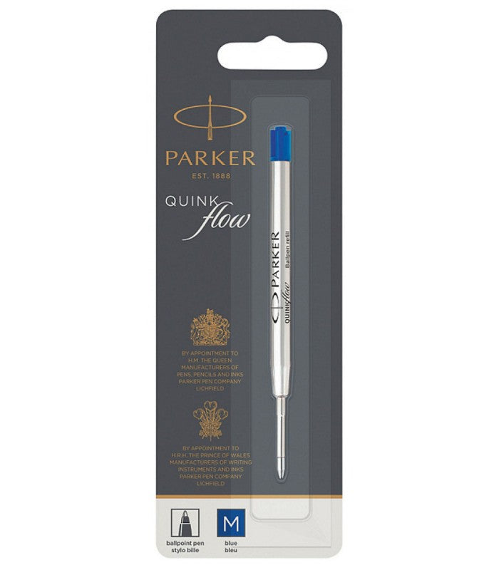 Parker Quinkflow Ballpoint Pen Refill Blue Medium - product flat lay on grey background showing refill beside retail blister card packaging