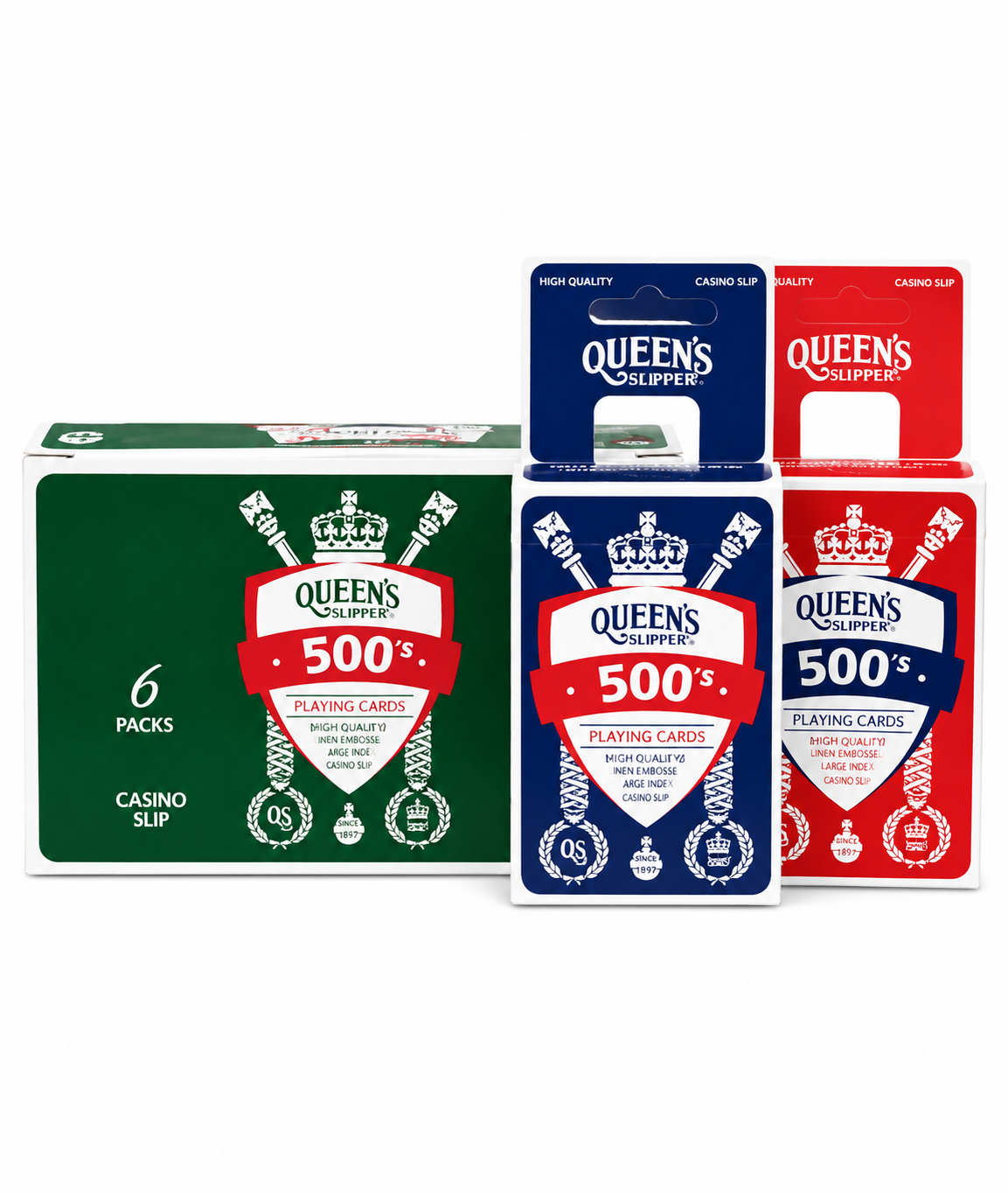 Queen's Slipper 500's Playing Cards - red and blue single packs beside green 6-pack bulk box showing casino slip and linen embossed high quality finish