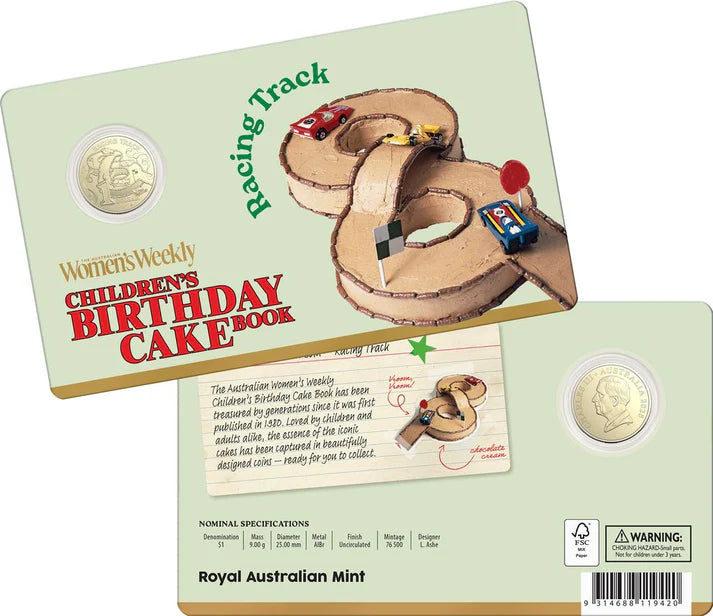 2025 AWW Children Birthday Cake Book $1 Uncirculated Coin in Card Racing Track