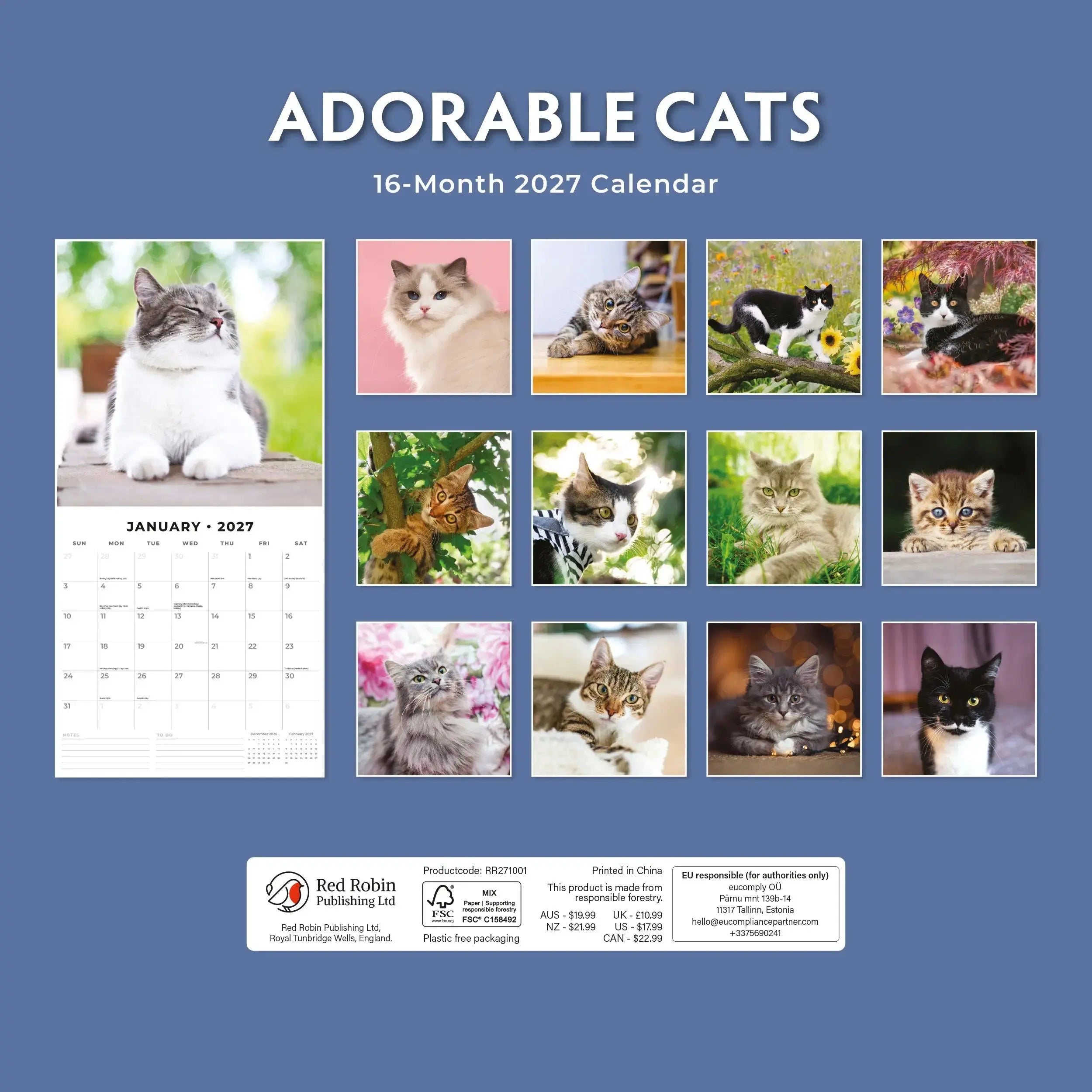 Adorable Cats 2027 Square Wall Calendar – back cover showing 12 monthly cat photography previews on blue-grey background with product details and Red Robin Publishing logo