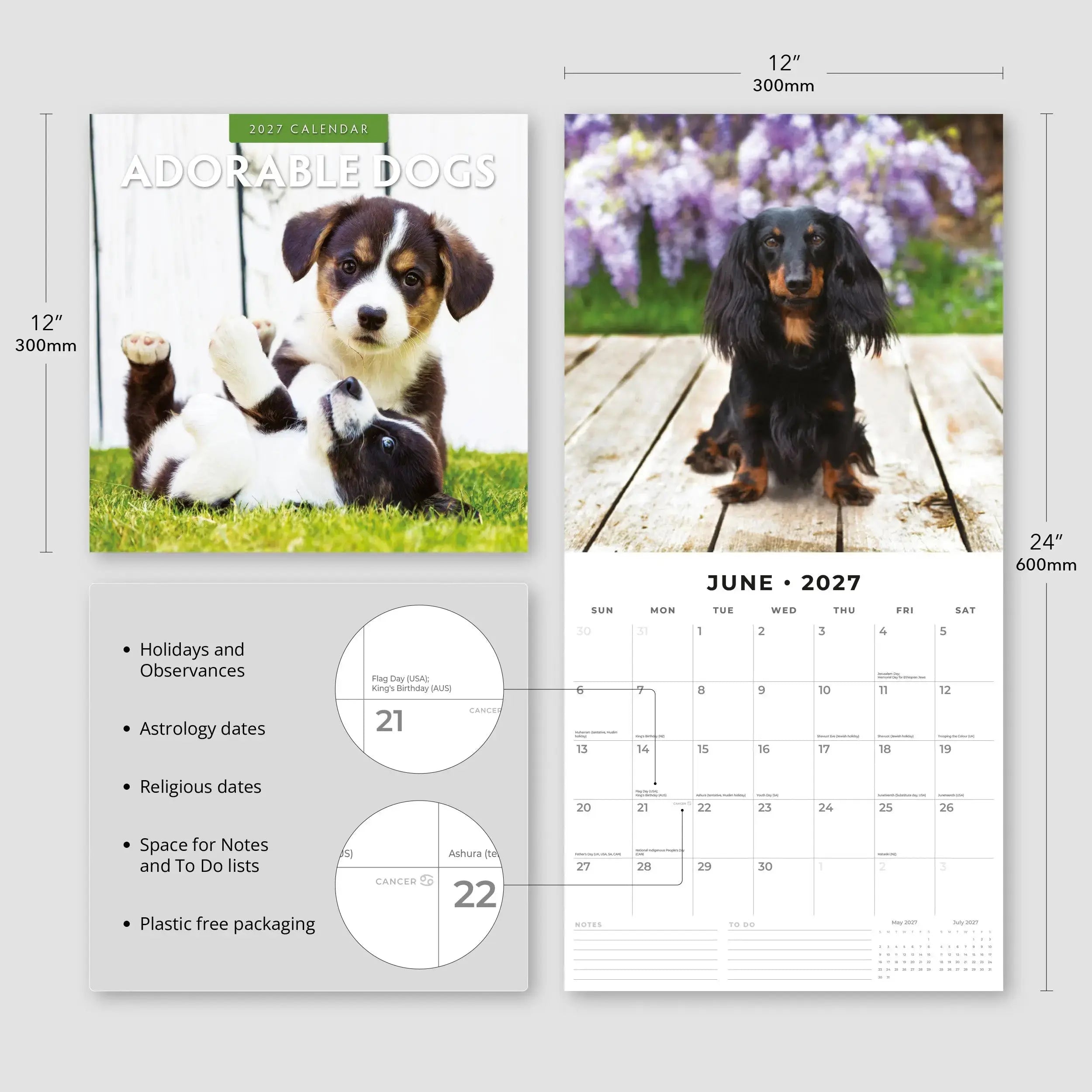 Adorable Dogs 2027 Square Wall Calendar – back cover on green background showing 12 monthly dog breed photography previews and product details for Red Robin Publishing