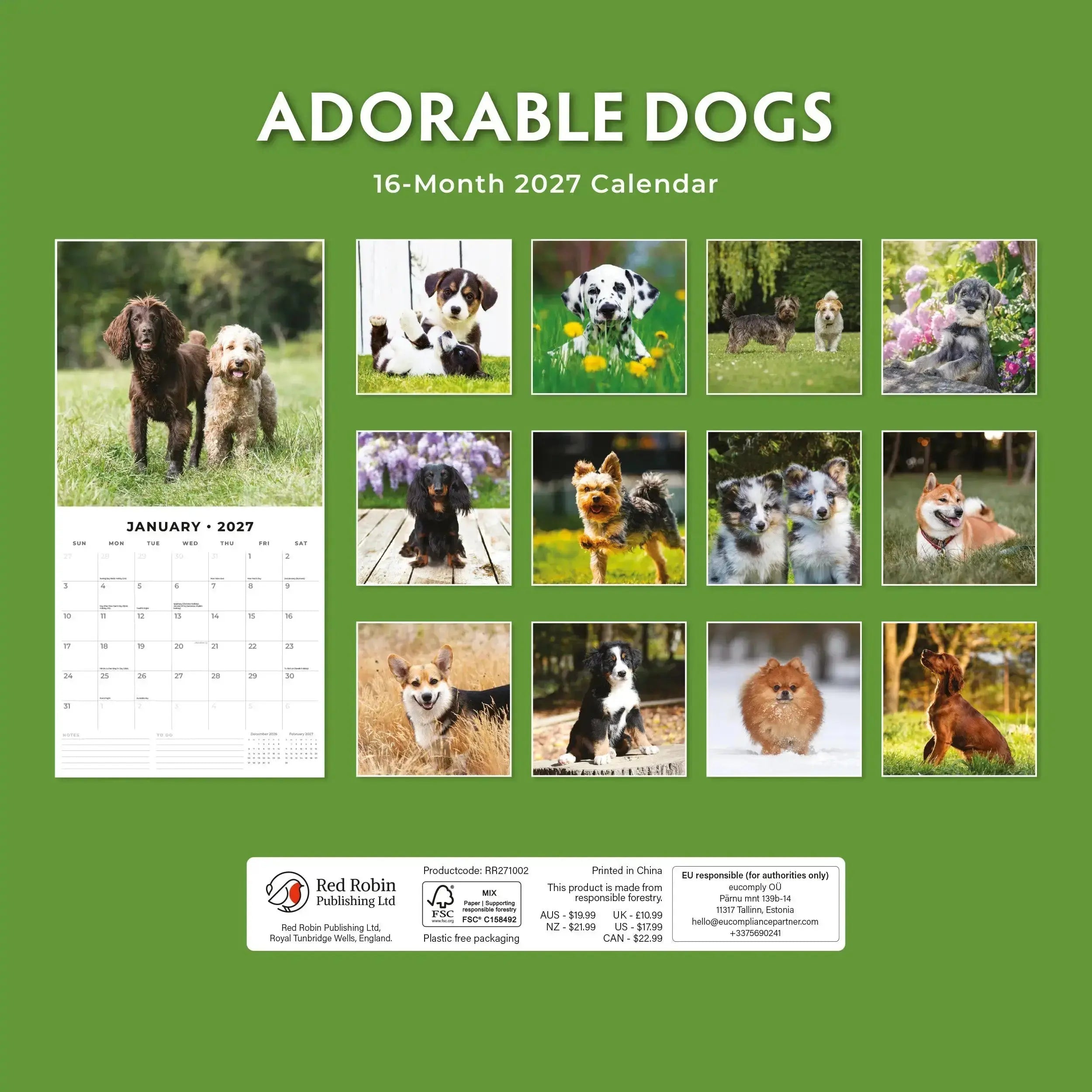 Adorable Dogs 2027 Square Wall Calendar – product dimensions infographic showing closed size 30x30cm and open size 30x60cm with June 2027 Dachshund page and feature bullet points