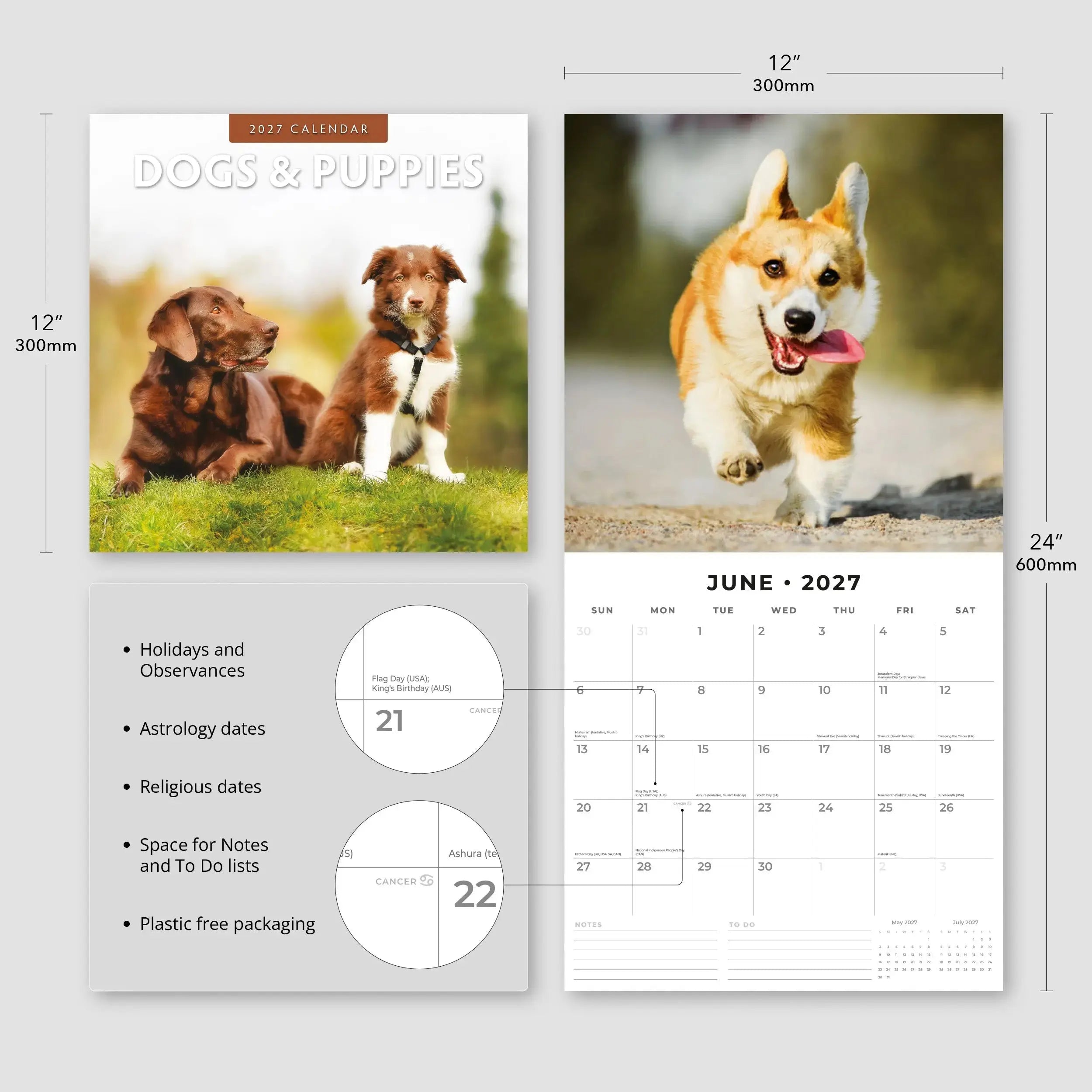 Dogs and Puppies 2027 Square Wall Calendar – back cover on brown background showing 12 monthly dog and puppy photography previews including Corgi Samoyed Dachshund Husky and Pug